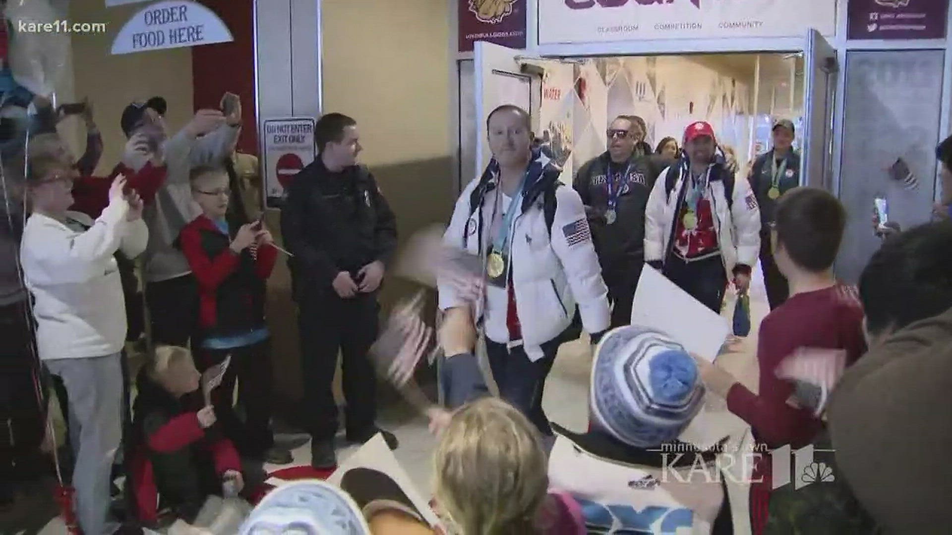 Team Shuster, the USA gold-medal-winning curling team returned home to a gold medal welcome at the Duluth International Airport, as hundreds of people met them at the gate. http://kare11.tv/2owmNGP