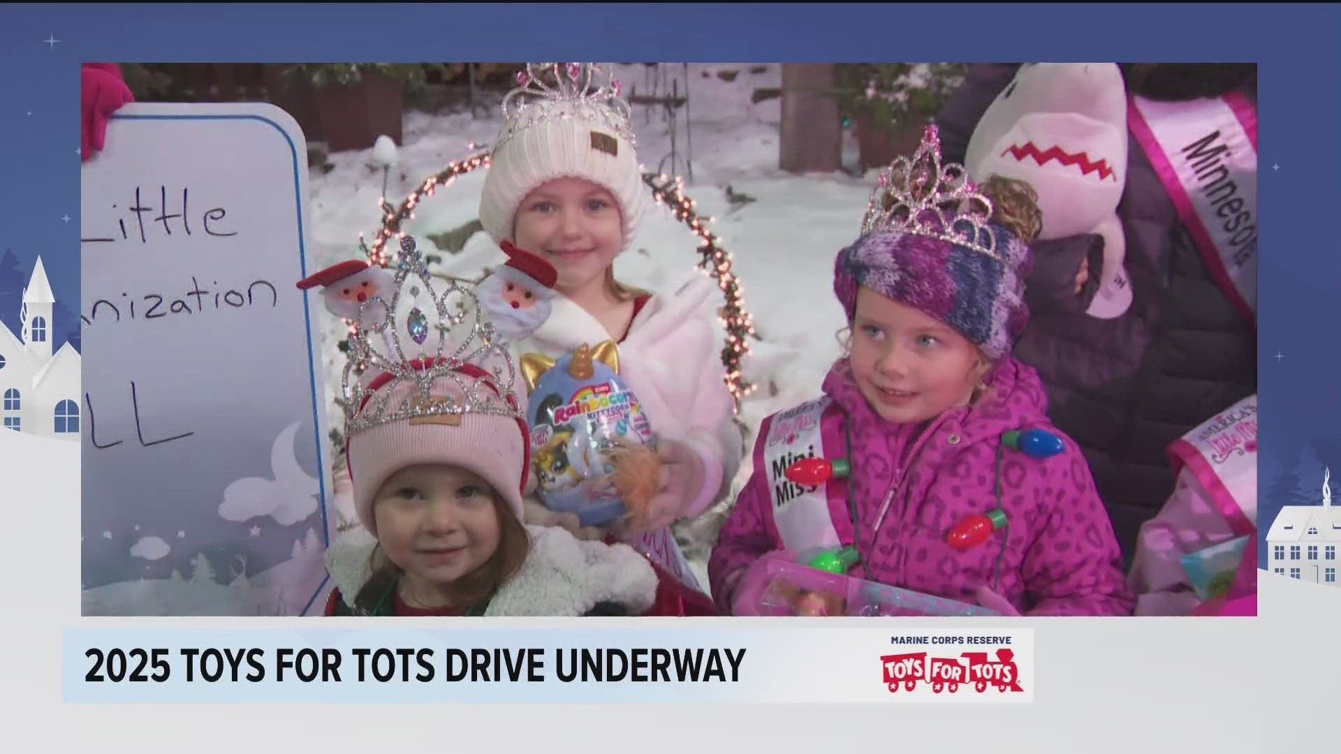America’s Little Miss and Knutson Construction join KARE 11 in support of Toys for Tots. 
