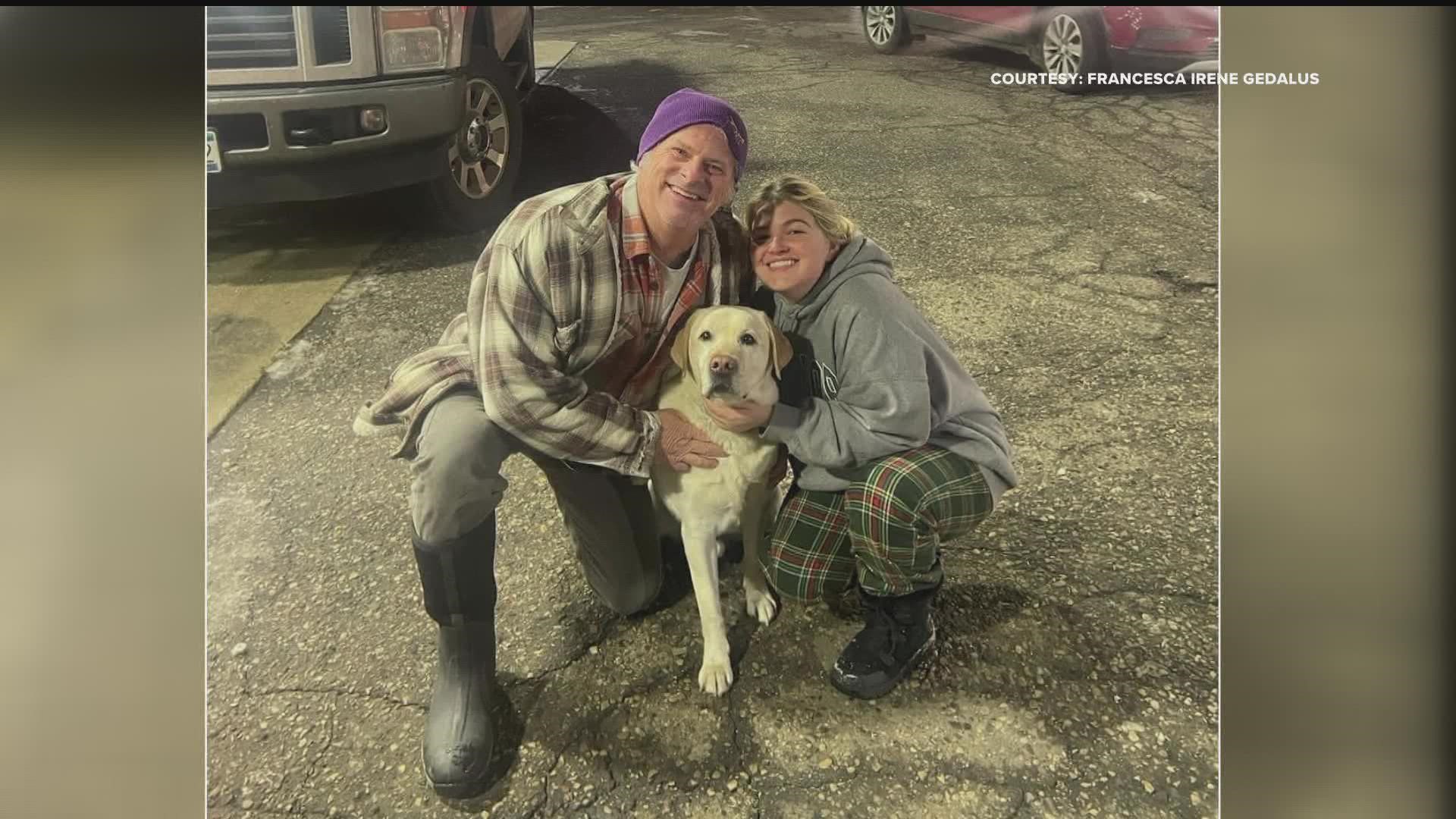 A beloved service dog named Duke who was stolen along with his owner's pickup Thursday morning was found wandering near I-94 and reunited with family.