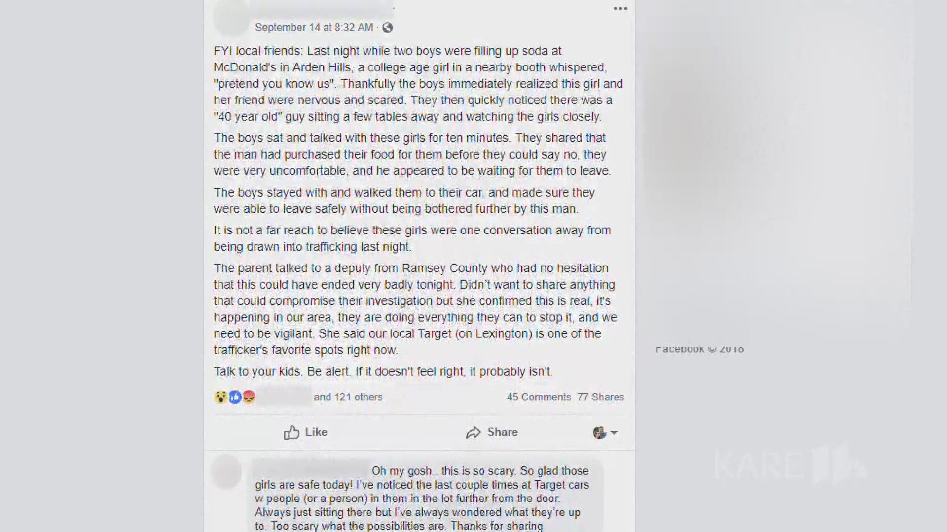 A false Facebook post being widely shared claims two women at McDonald's in Arden Hills were nearly kidnapped and forced into sex trafficking. The Ramsey County Sheriff wants to debunk the post. https://kare11.tv/2NYOCFS