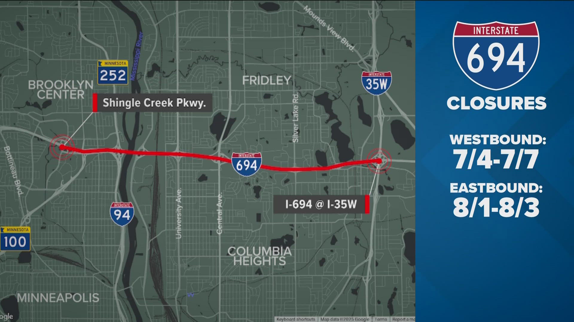 Crews will converge on the heavily used interstate, closing eastbound lanes from Shingle Creek Boulevard in Brooklyn Center to Snelling Avenue in Arden Hills. 