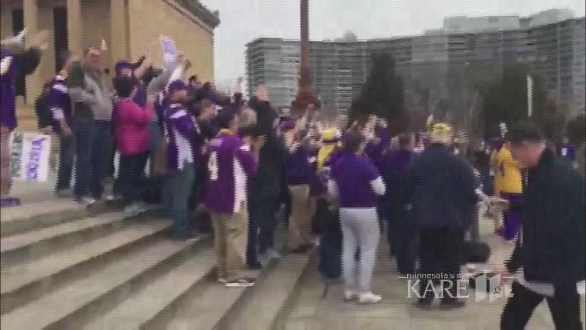 Vikings fans gathered on the Rocky steps at the Philadelphia Museum of Art for a giant SKOL chant Sunday morning ahead of the game against the Eagles. http://kare11.tv/2DWEZzX