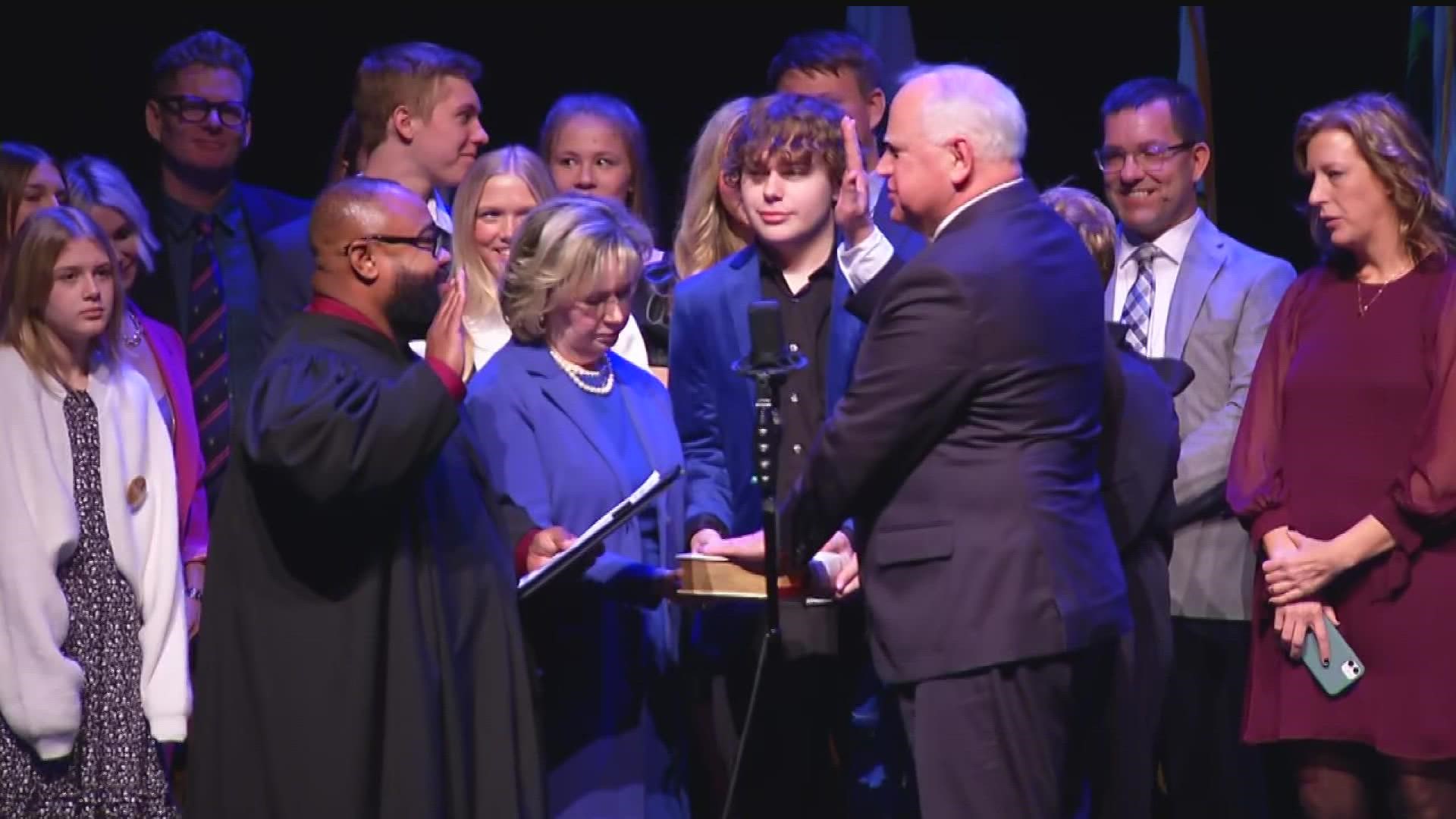 At Fitzgerald Theater inauguration ceremony, Gov. Walz was sworn in for a new term, along Lt Gov Flanagan, Atty Gen Ellison, Sec of State Simon, and Auditor Blaha