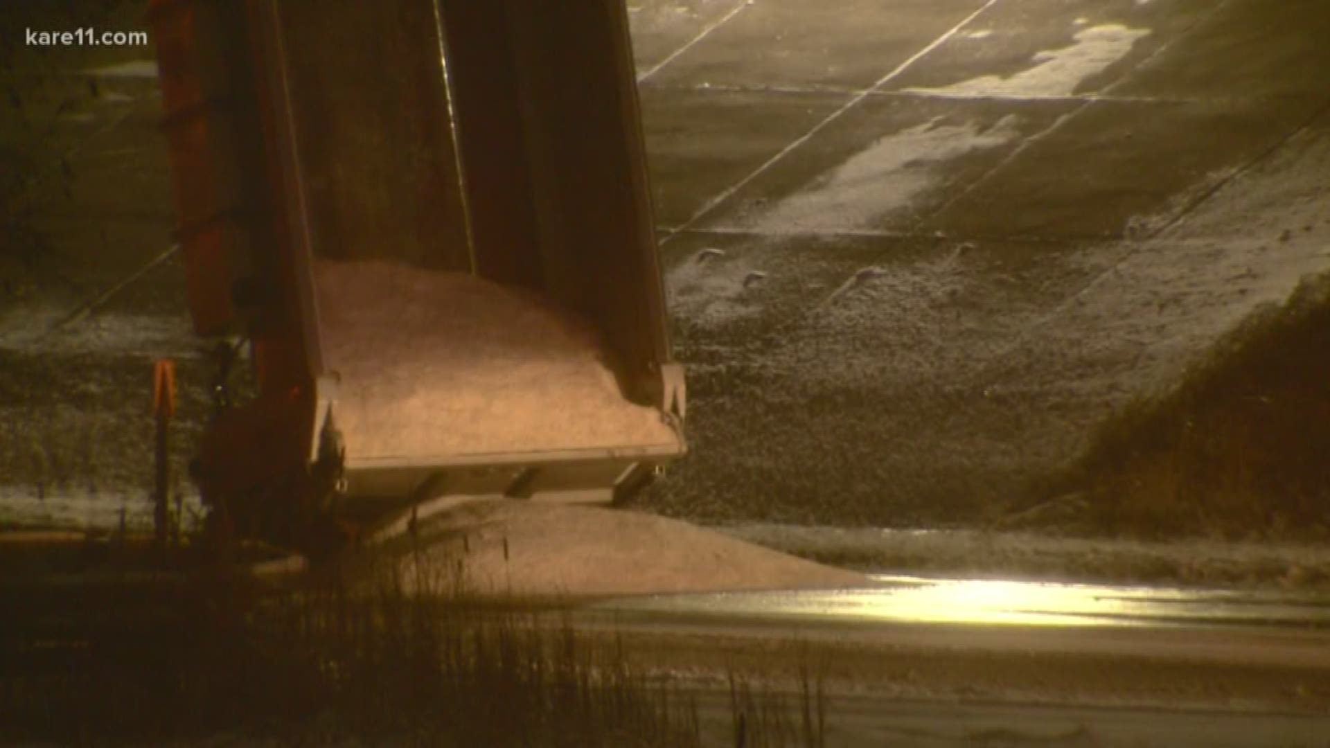 Driver was spreading salt on Highway 169 with his truck bed a little too high.