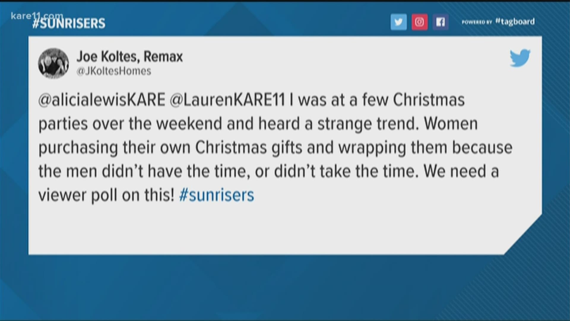 One of our Sunrisers, Joe, tweeted at us over the weekend asking if we had heard of this strange "trend": women buying and wrapping their own gifts because their significant others are too busy. What do you think about this?