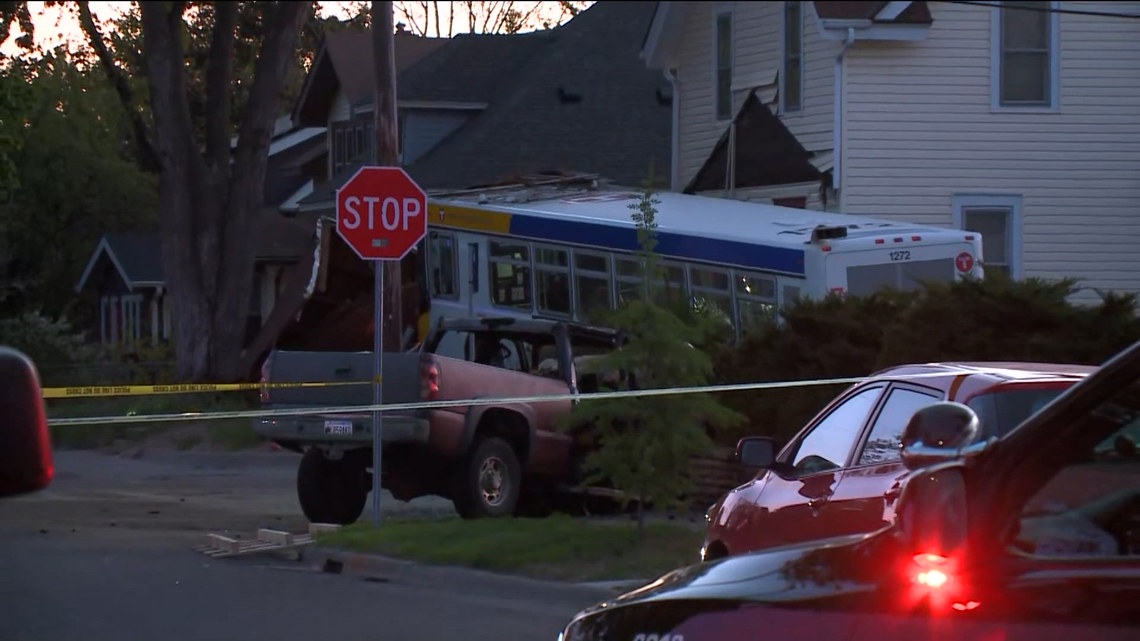 1 dead after pickup truck rear-ends bus, causing it to crash into house