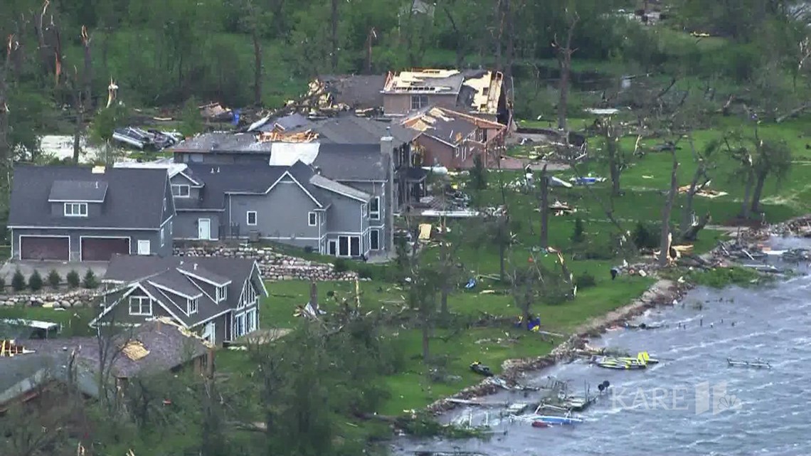 Aerial footage of storm damage in Forada, Minnesota