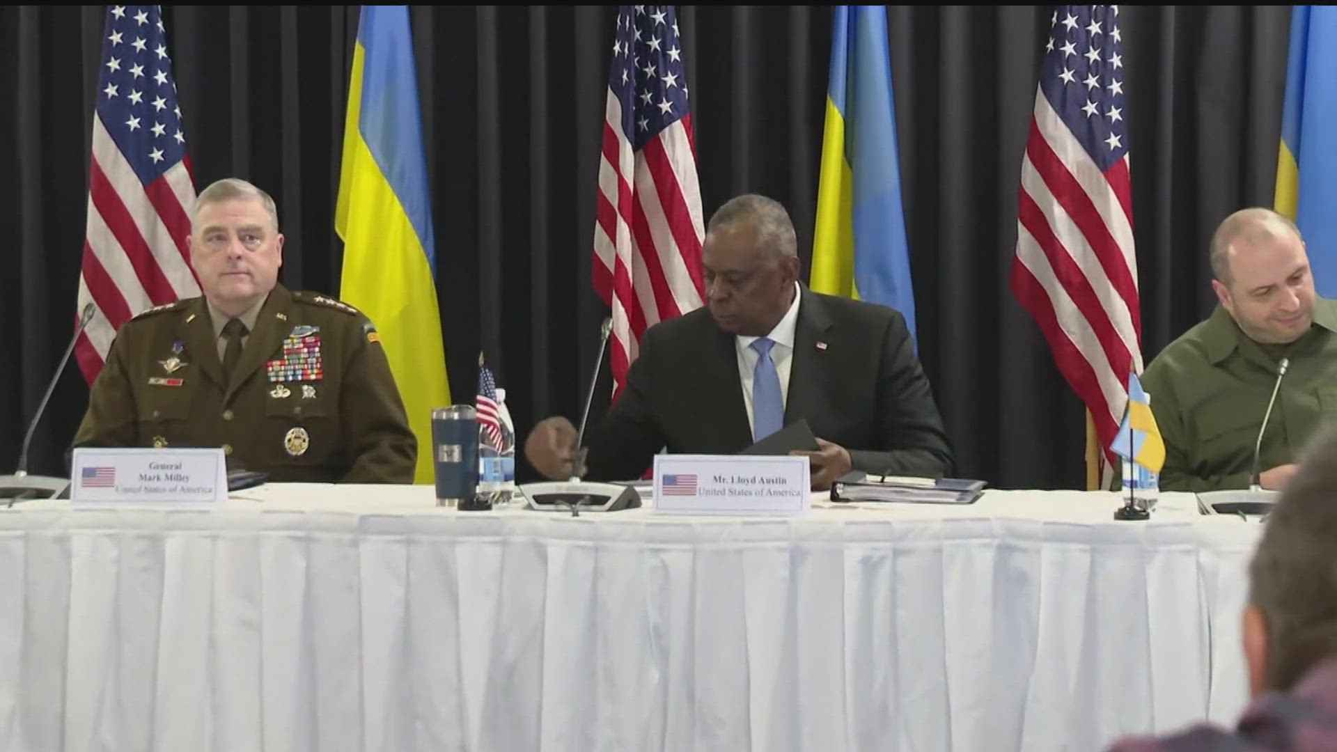 U.S. Secretary of Defense Lloyd Austin commented on the war in Ukraine while at a meeting in Germany.