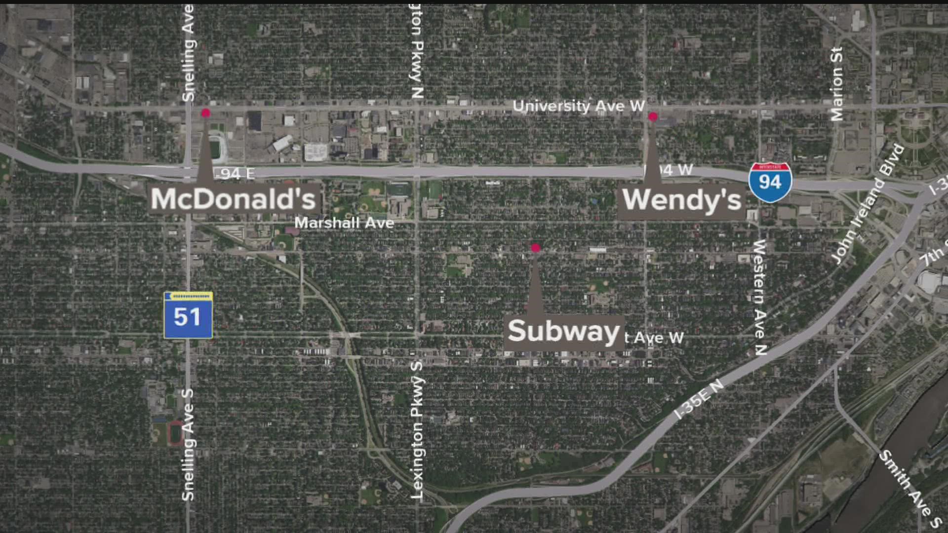 According to the St. Paul Police Department, a Wendy's, Subway and McDonald's were robbed between 7:15 p.m. and 8 p.m. Friday.