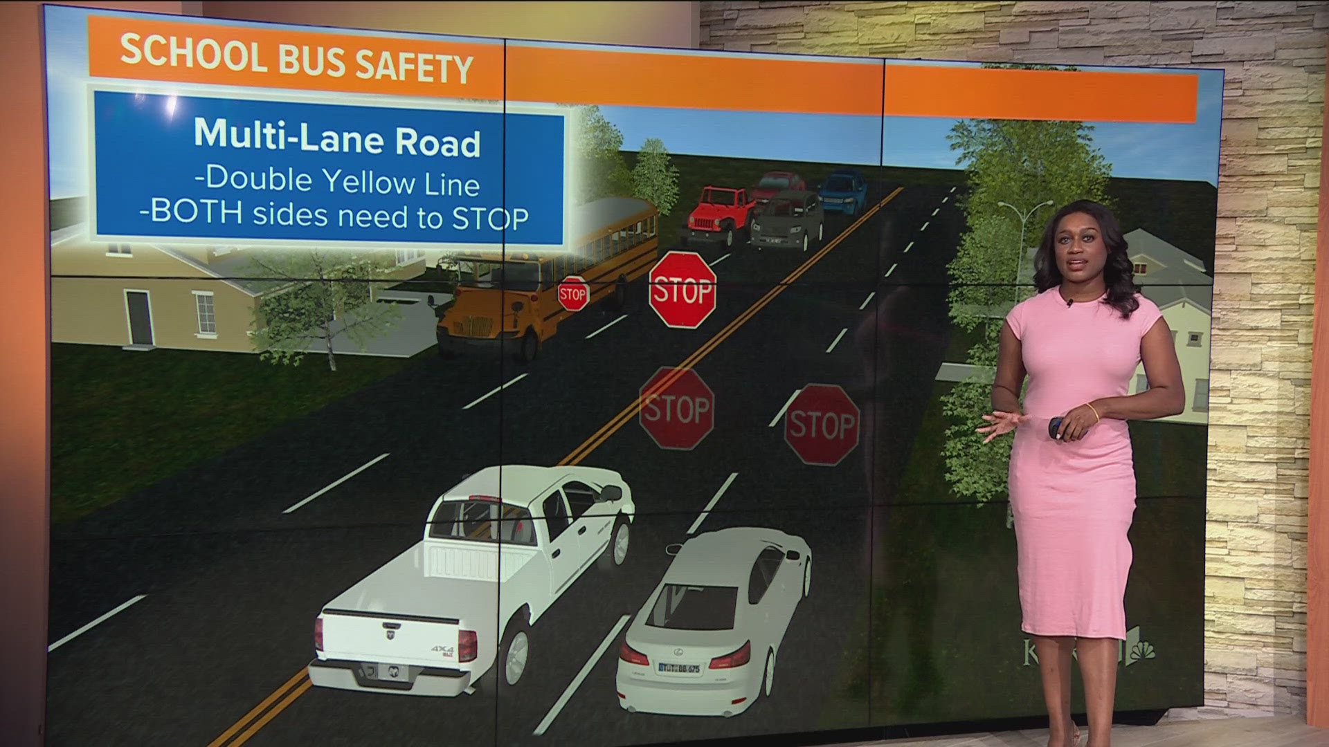 State law requires vehicles on both sides of the road to stop when a school bus has its stop arm out. 