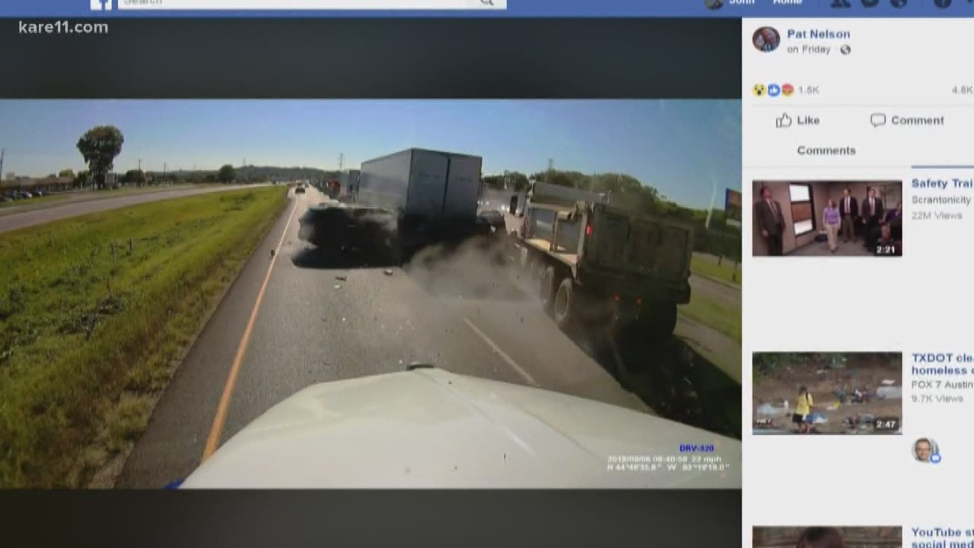 A truckers dashcam captured a violent crash involving a dump truck on Highway 13 in Burnsville last Thursday.
