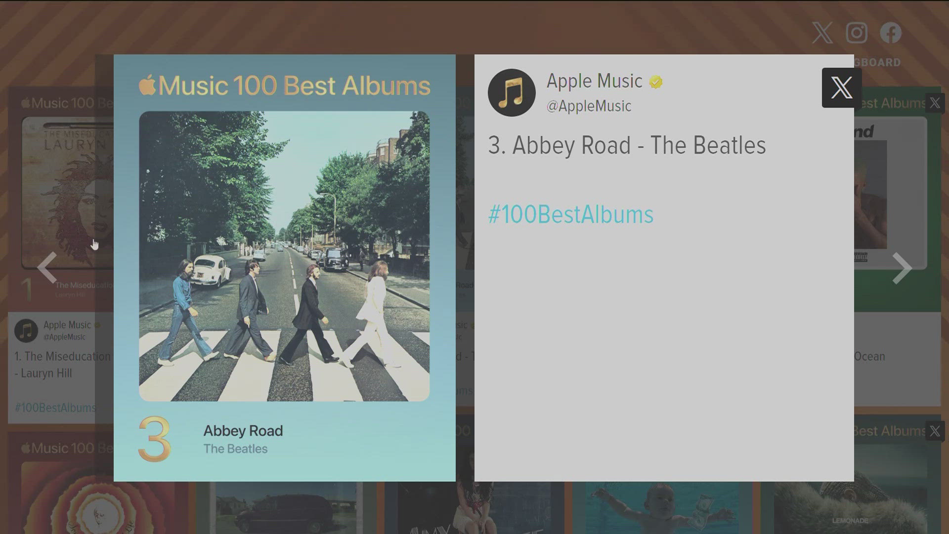 The top three contenders included The Miseducation of Lauryn Hill, Thriller by Michael Jackson and Abbey Road by The Beatles.