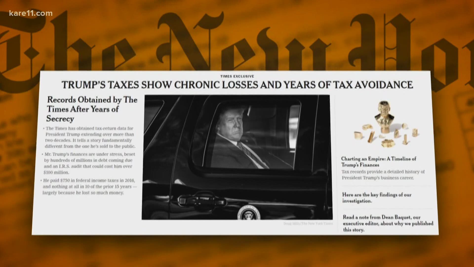 President Donald Trump paid no federal income taxes in 10 of the past 15 years, according to a report in The New York Times.