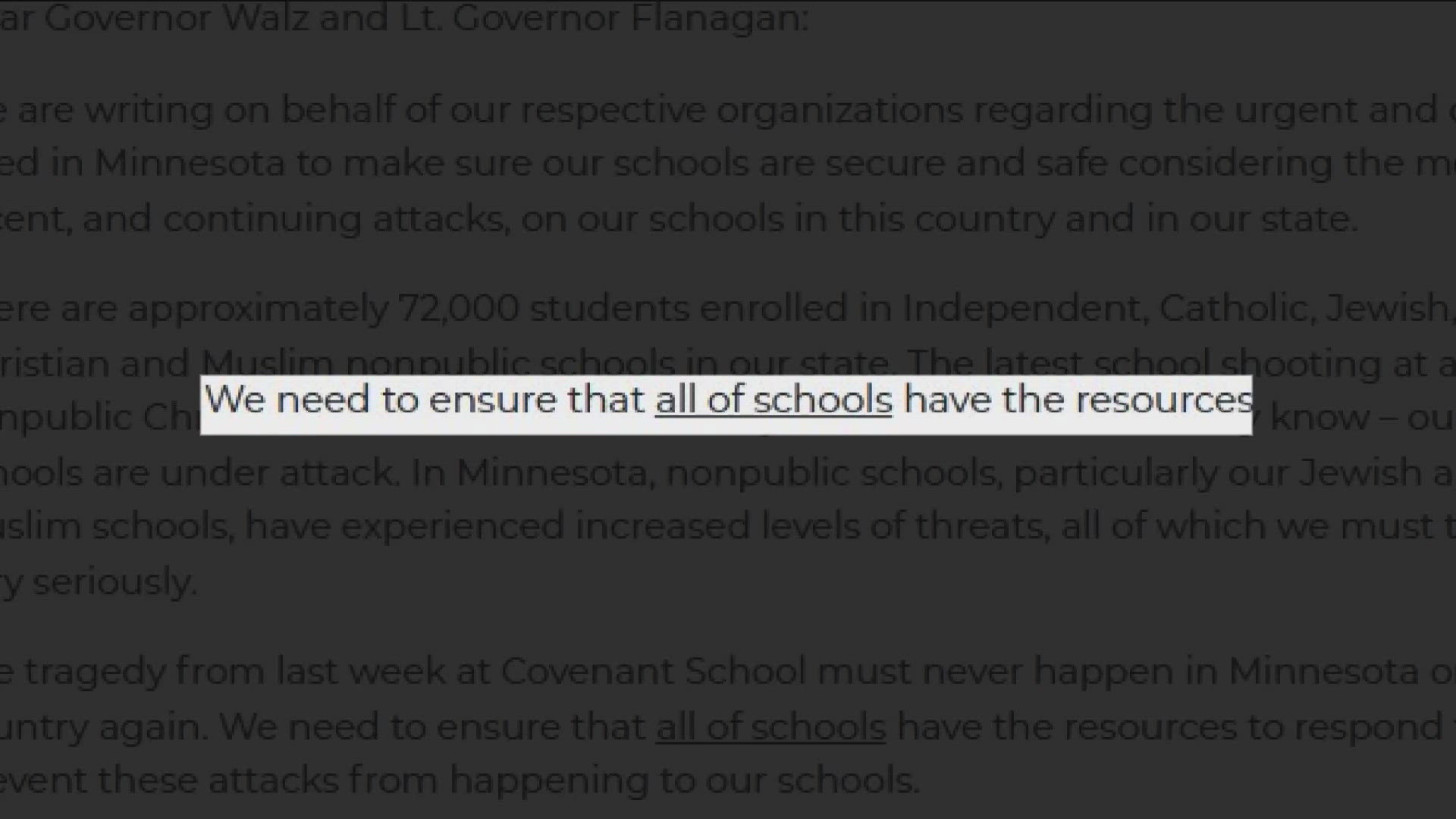 In 2023, the Minnesota Catholic Conference asked the governor and legislature to include private schools in school security programs.