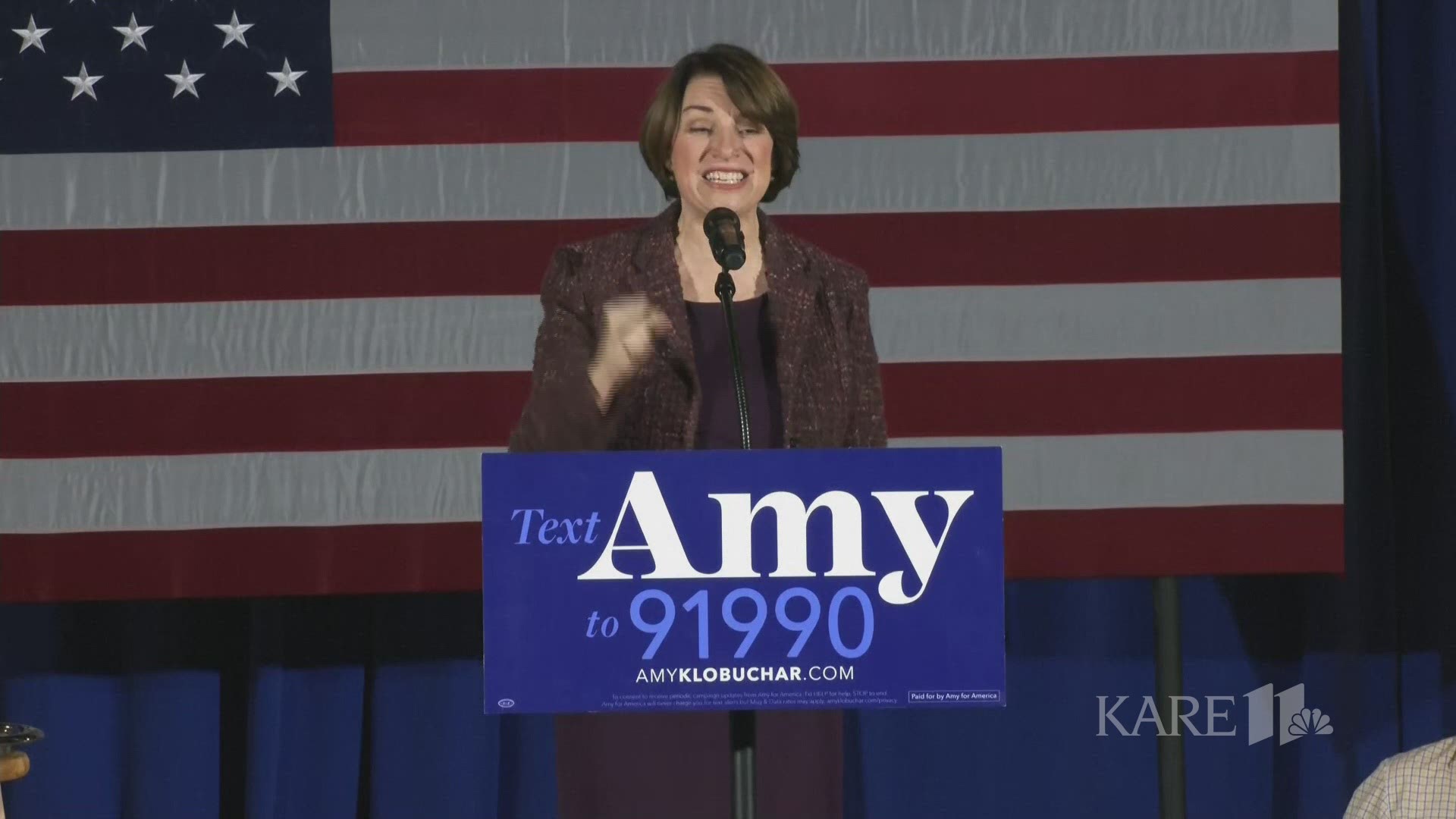 Sen. Amy Klobuchar (D-MN) speaks to supporters in Des Moines, Iowa on Dec. 27, 2019, after completing her tour of all 99 Iowa counties.