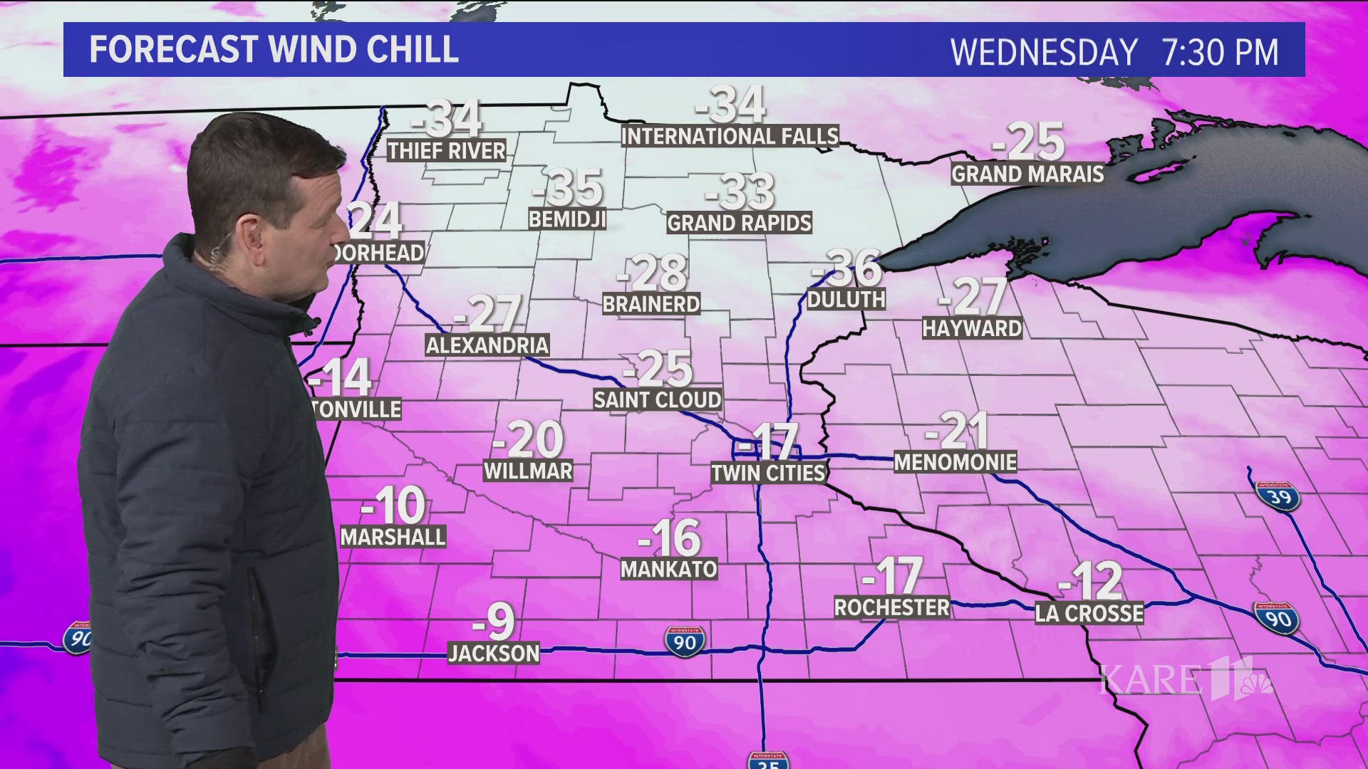 The KARE 11 weather team says an arctic front moving in late Tuesday into Wednesday will bring single-digit temps, gusty winds and snow that could grease roads.