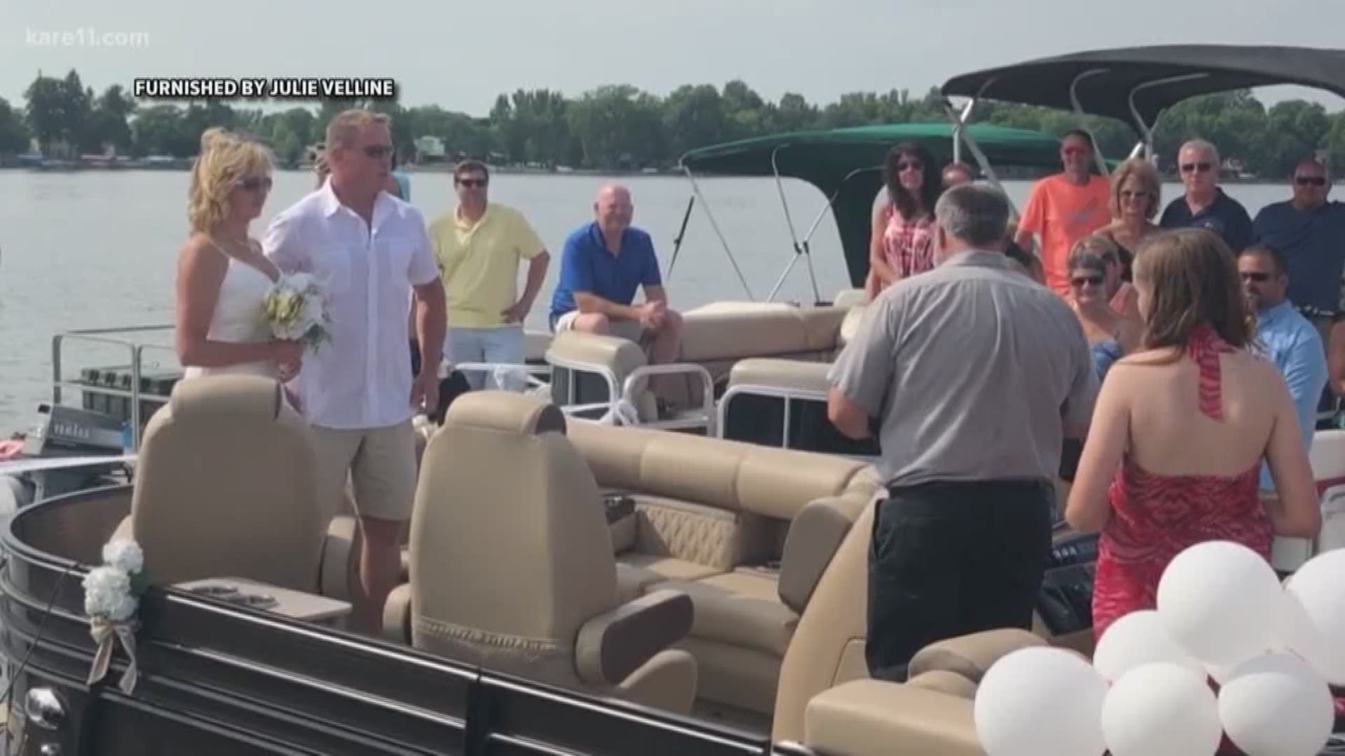 Randy and Michelle Thoennes spend every available summer day on their pontoon boat visiting with friends, so when they began planning their wedding they knew exactly what they wanted. https://kare11.tv/2Jxydl9