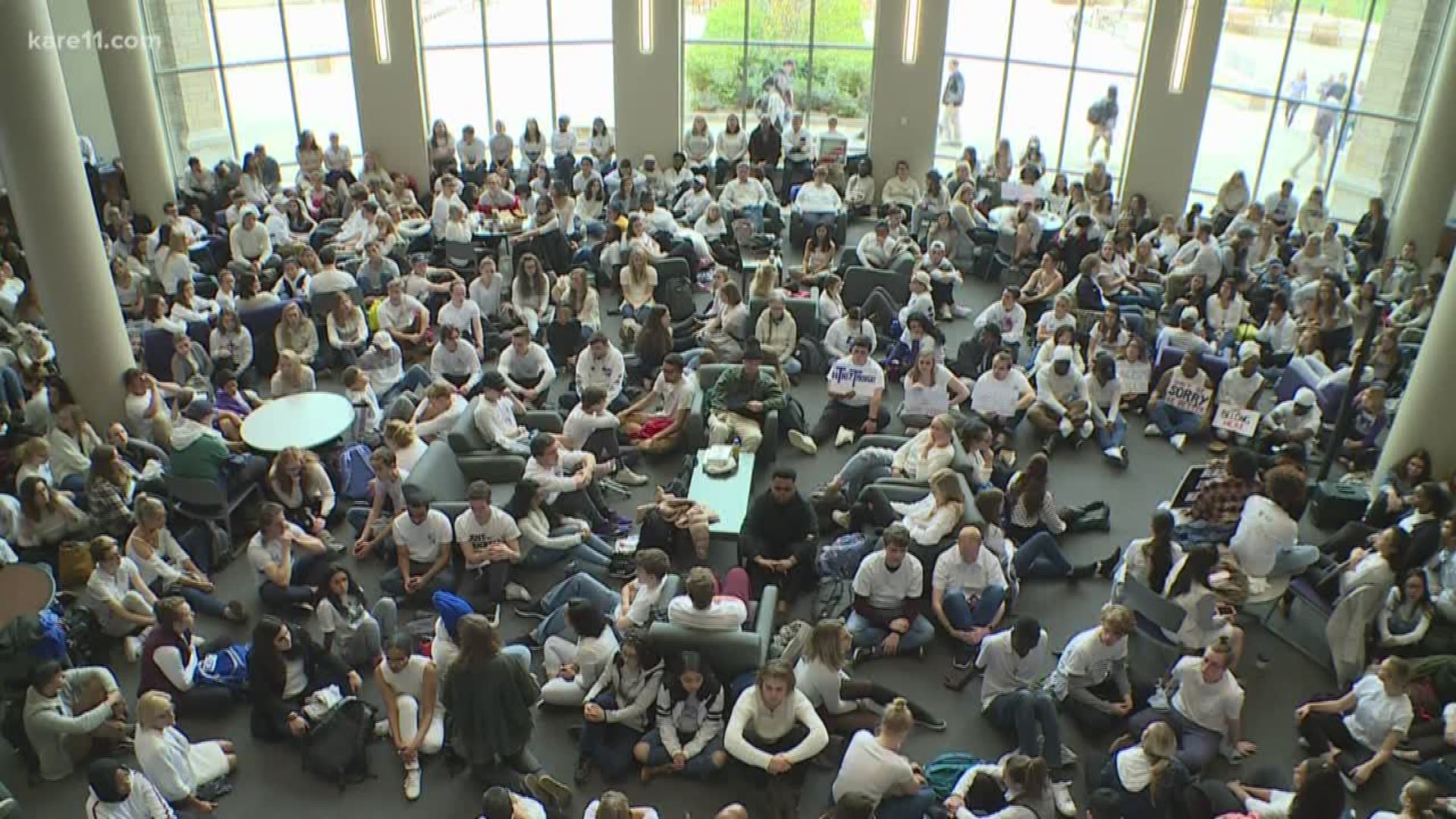 Students, faculty and staff at St. Thomas University held a "white out" sit-in at the Anderson Student Center Thursday to protest a racial incident that happened late last week. https://kare11.tv/2ELT3Ap