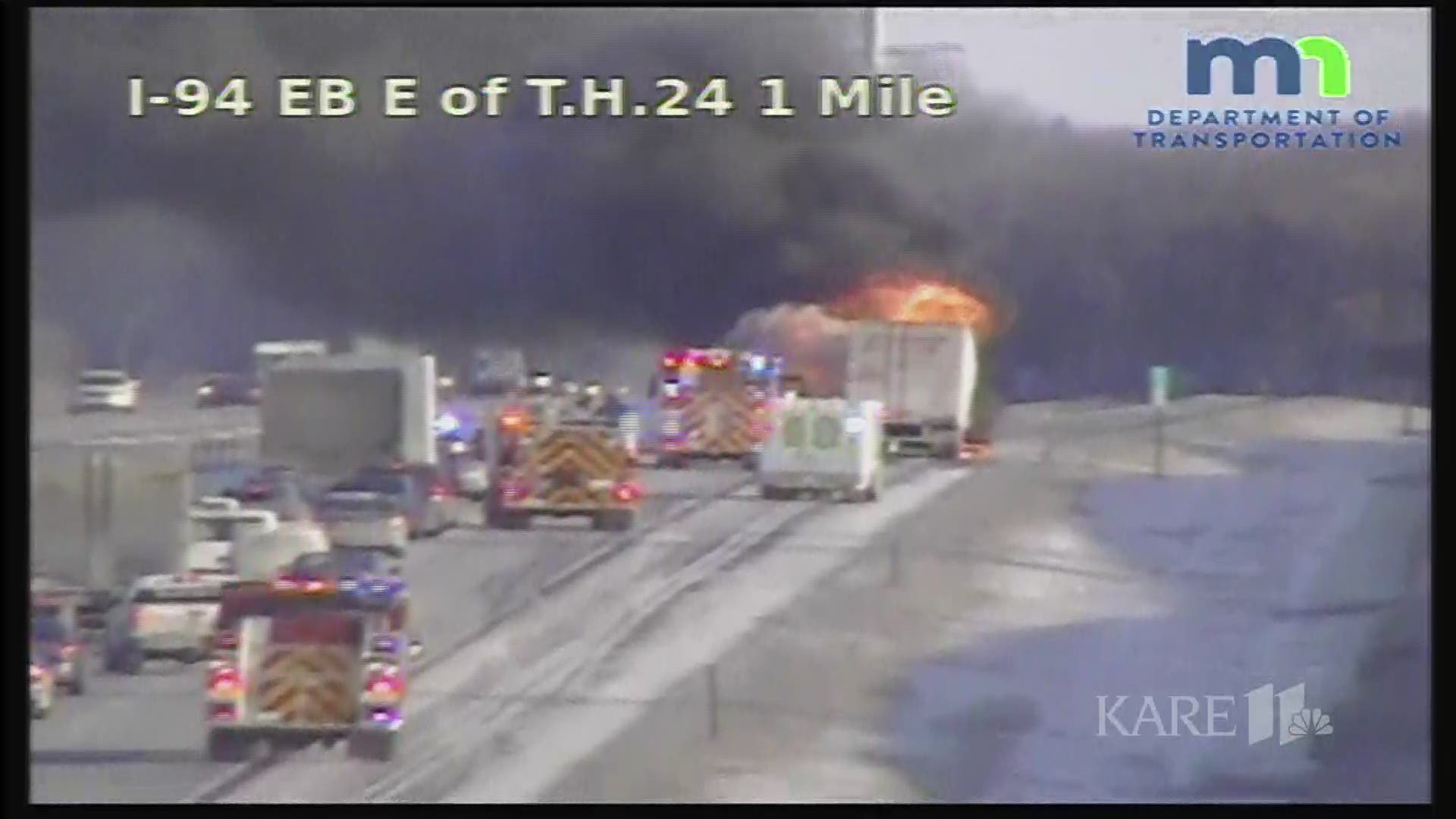 Crews responded to a large vehicle fire on Interstate 94 eastbound near Clearwater on Monday just after 4:30 p.m. https://kare11.tv/2REytD4
