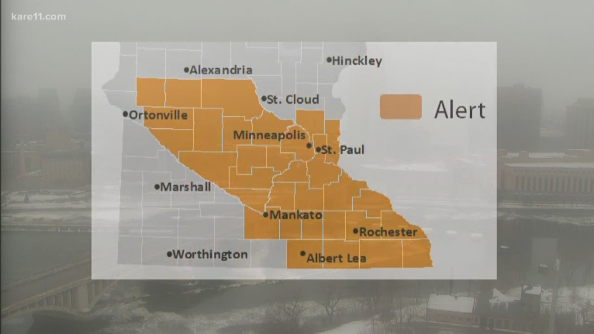 An air quality alert has been issued for the Twin Cities and parts of central and southeast Minnesota through Thursday evening due to higher levels of fine particles.