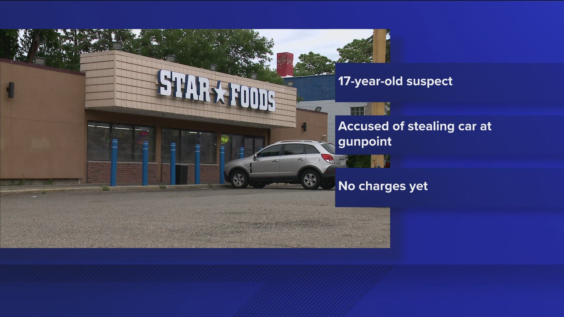 A victim reported his car stolen at gunpoint at Star Foods in North Minneapolis with the 17-year-old suspect placing an infant in the backseat before driving away.