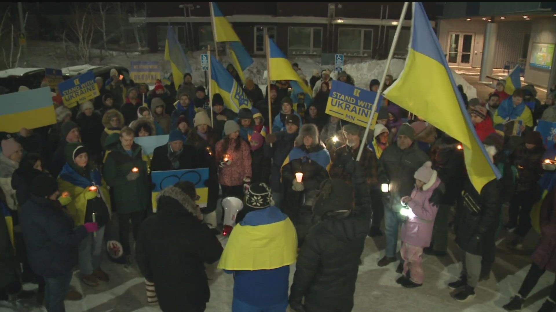 Supporters sang the Ukrainian National Anthem and lit candles to remember those lost since the war began.