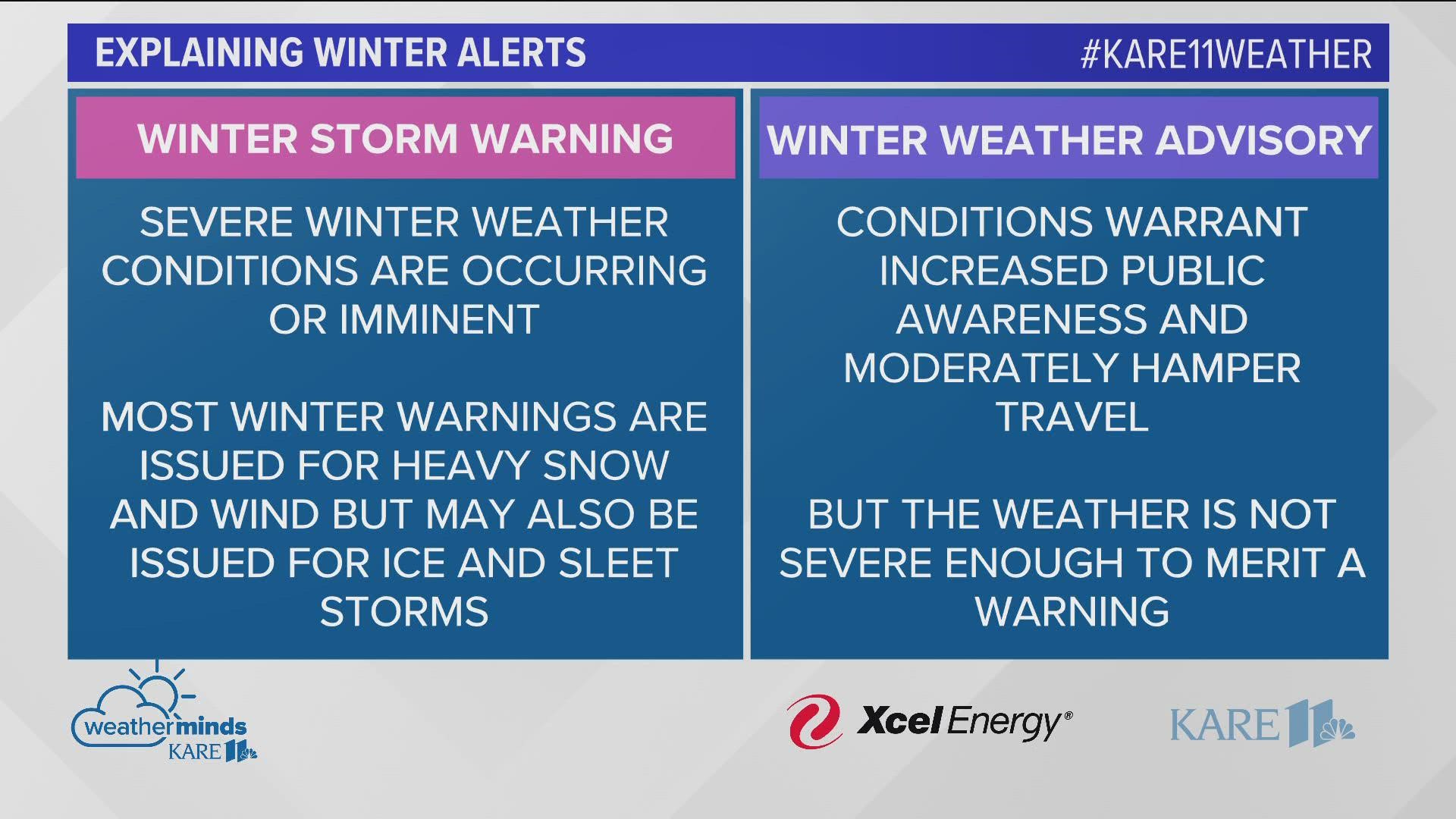 A winter storm warning means conditions are imminent, whereas a winter weather advisory signals that conditions will moderately hamper travel.
