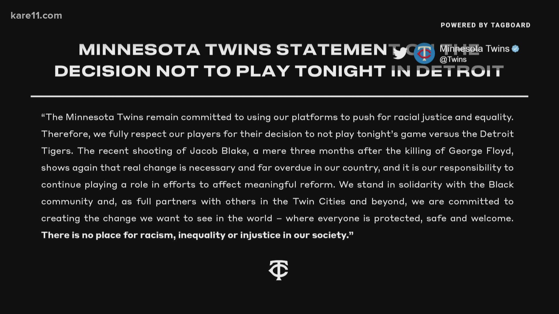 The Minnesota Twins joined several pro sports teams, including the Lynx, in postponing their games this week in support of protests for racial justice.