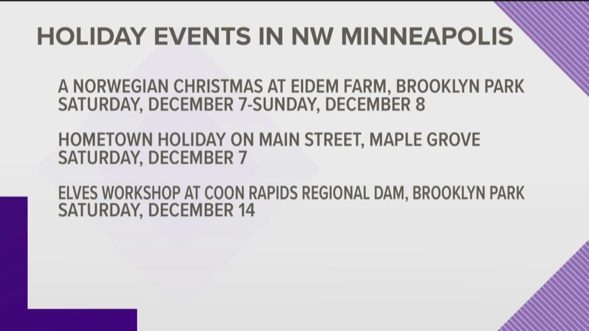 Minneapolis Northwest, the area consisting of Brooklyn Center, Brooklyn Park and Maple Grove, is hosting several holiday events this season for people of all ages.