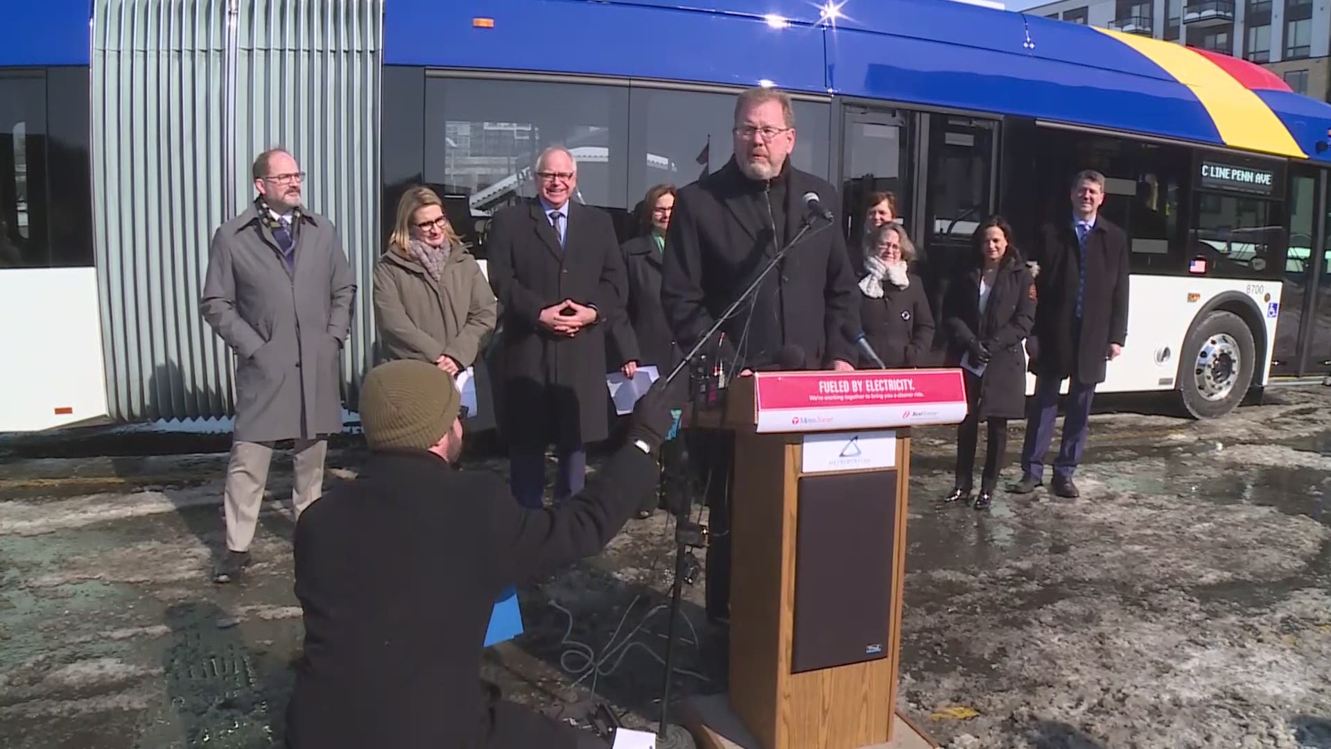 Metro Transit officially welcomed its first fully electric bus Thursday, made by New Flyer America in St. Cloud. It will run on the new Bus Rapid Transit route known as the C Line starting in June. Gov. Walz was on hand for the dedication, and pointed out his proposed budget calls for 10 new BRT lines to be added in the next decade.