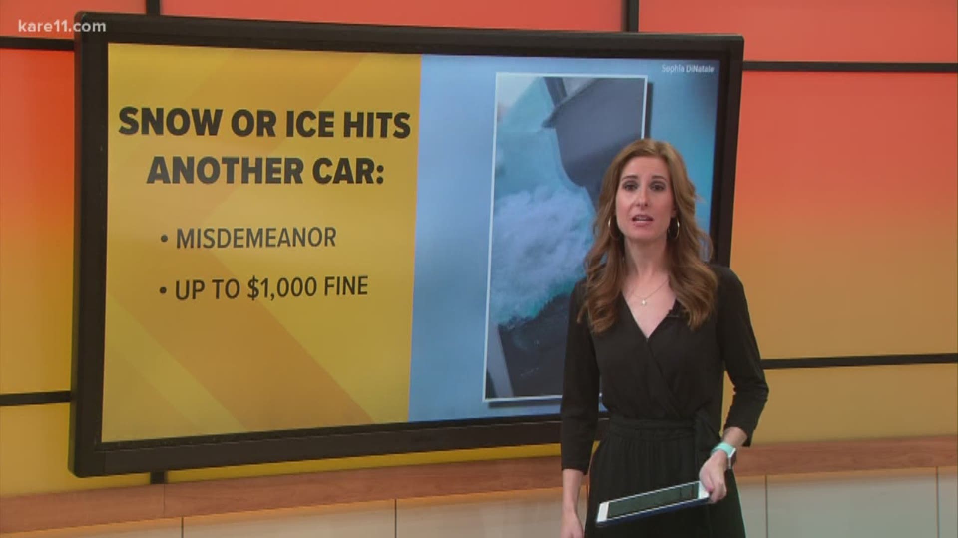 The ice chunk went into the woman's windshield and hit her in the face, but she managed to get out with only a couple scrapes and scratches.