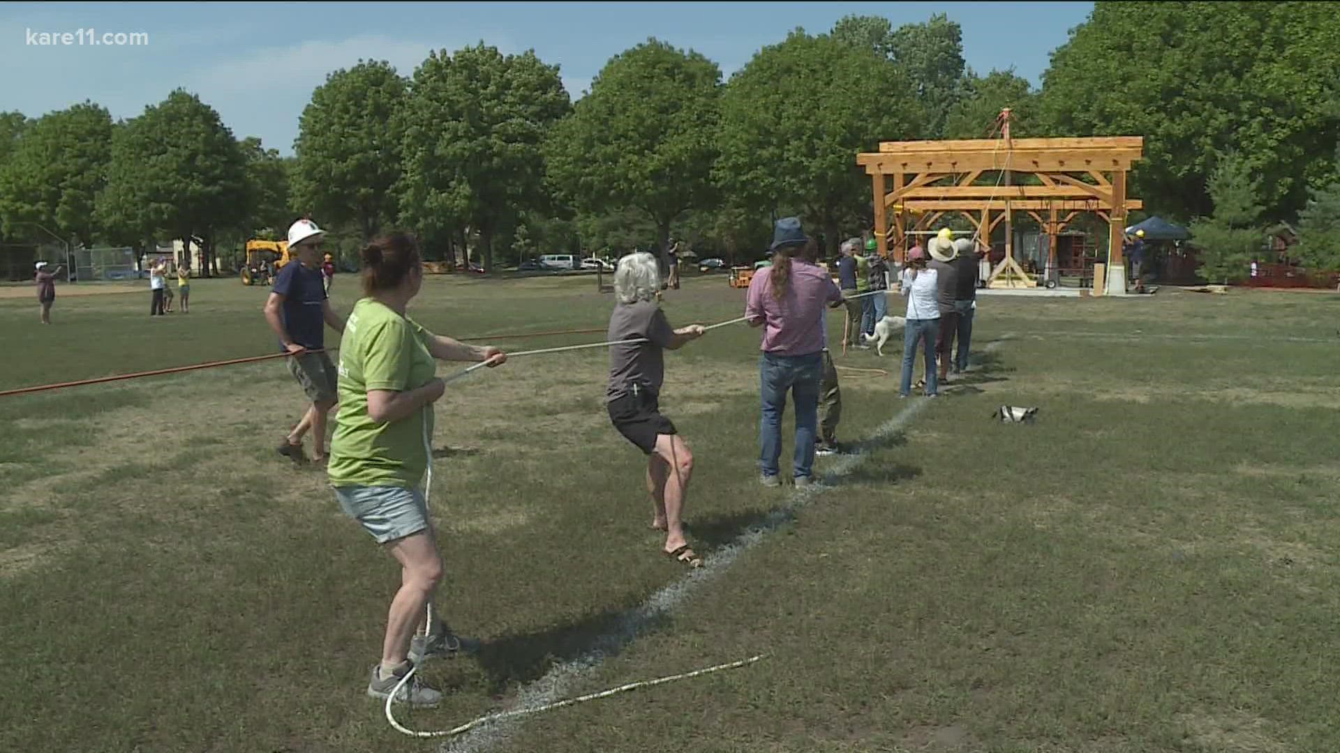 Volunteers raised a pavilion built using tools and knowledge from bygone eras in northeast Minneapolis.