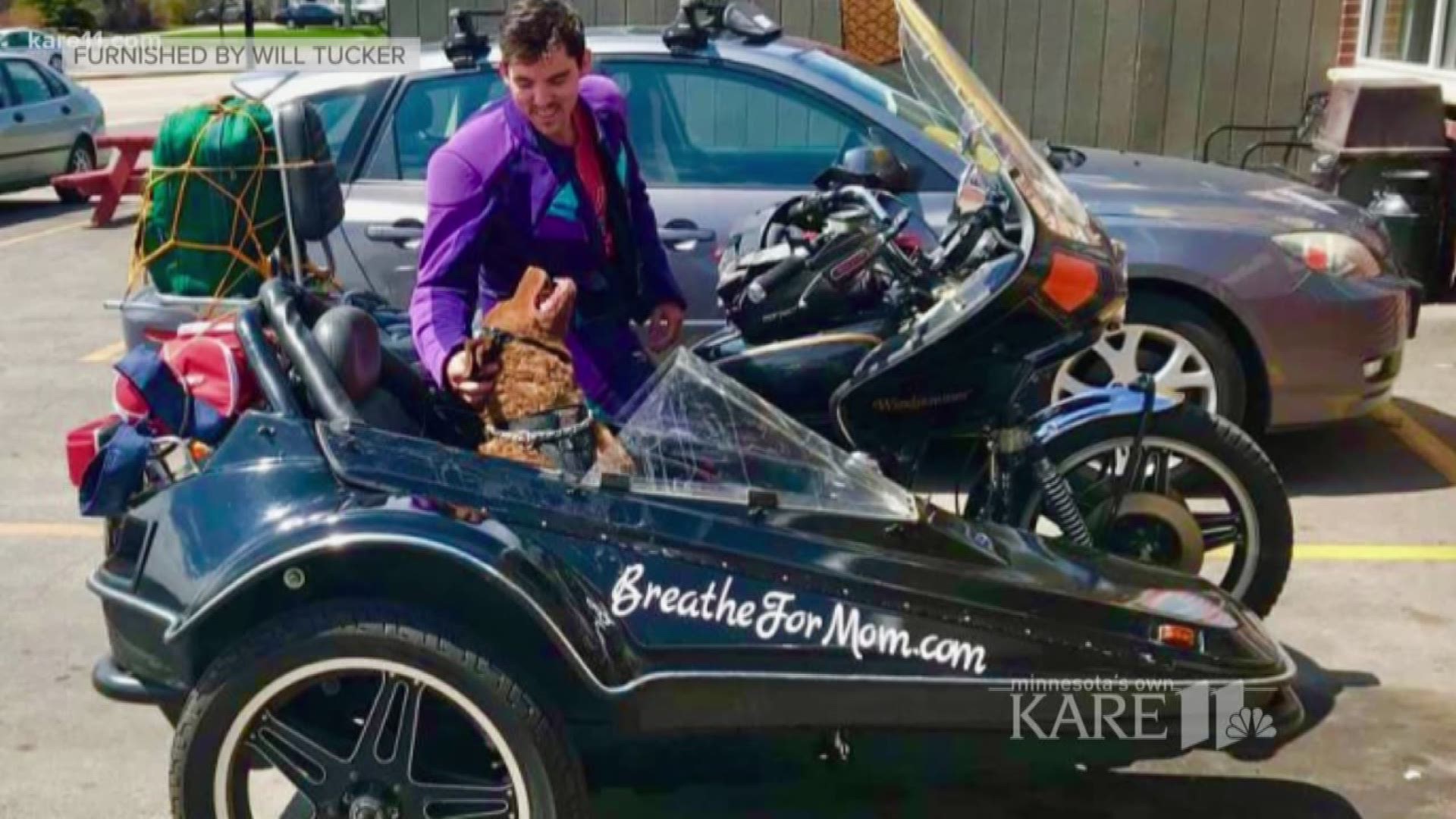 Will Tucker traveled by motorcycle from Minnesota to Maryland with his dog to raise money for research for the lung disease that took his mother's life.