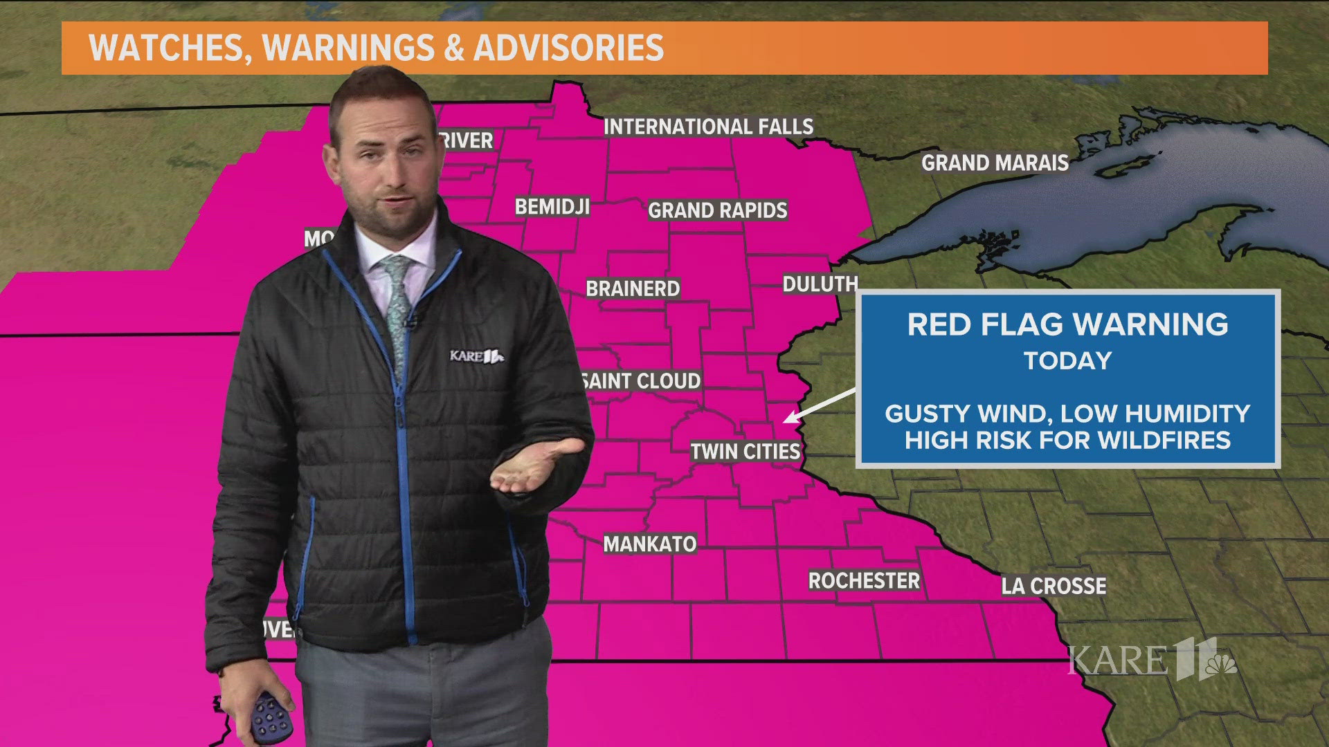 The National Weather Service (NWS) says weather conditions (low humidity and dewpoint, wind gusts of 40 mph) will create extreme fire danger in 85 of 87 counties.