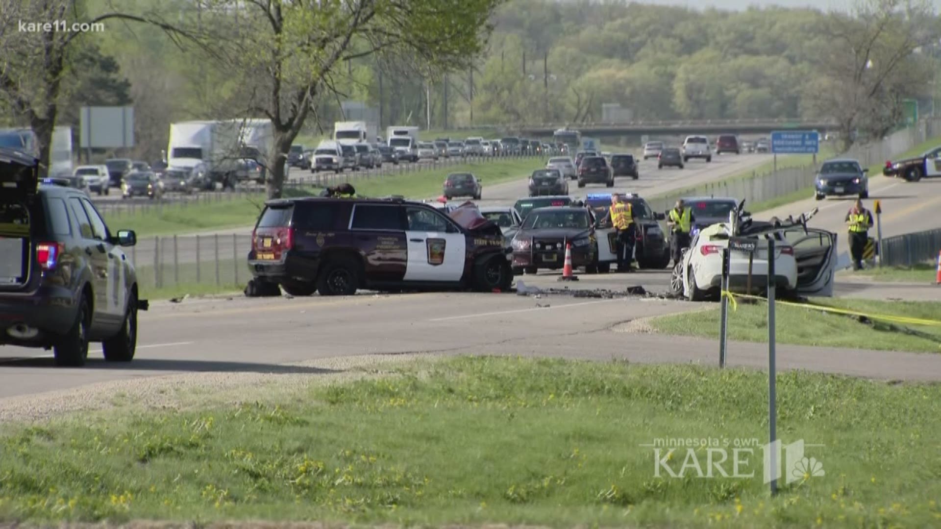 Two people, including a Minnesota State Patrol trooper, suffered injuries in a Lakeville crash Tuesday afternoon. https://kare11.tv/2Il5wIE