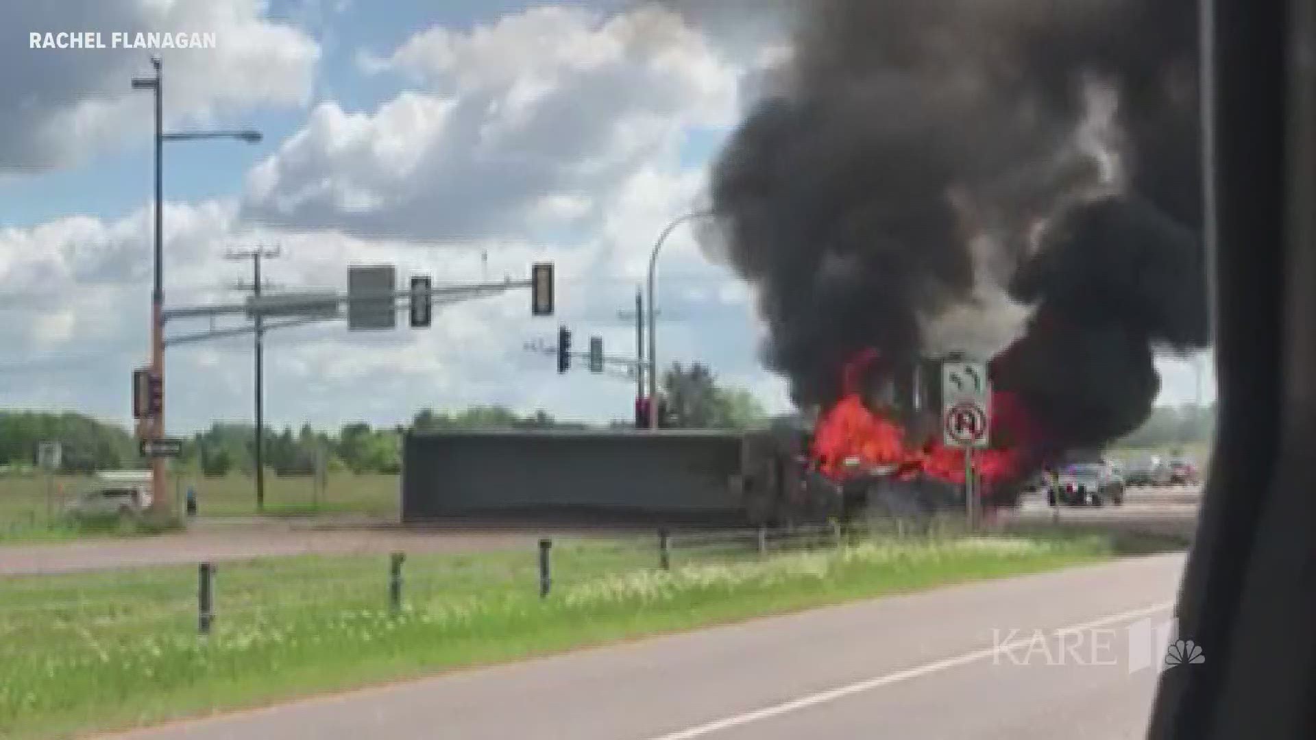 A crash involving a semi that started on fire shut down Highway 36 westbound on Tuesday.