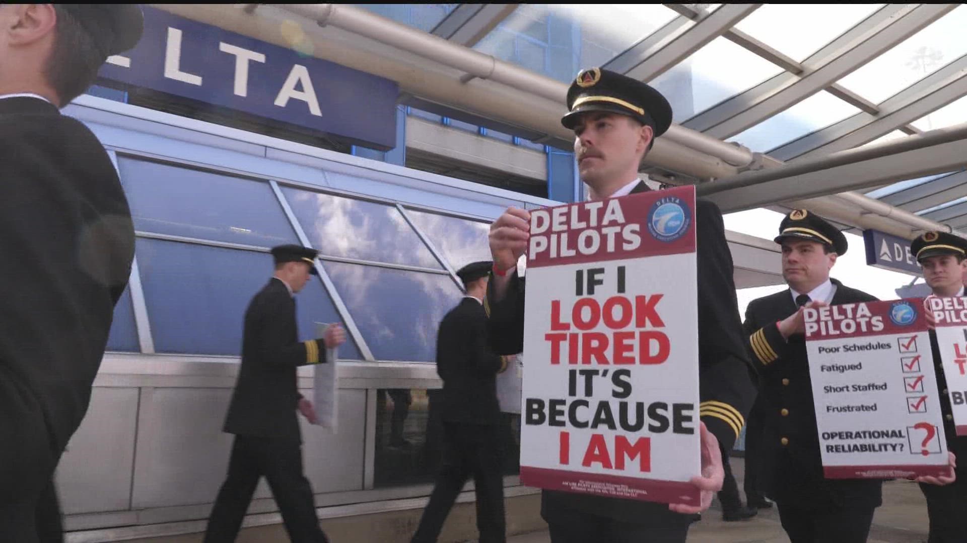 Over 100 Delta Air Lines pilots picketed at MSP Airport Thursday, saying they're now working longer days with shorter rest periods as flights start to pick up again.