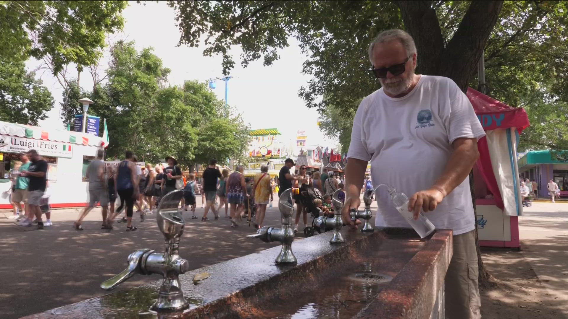 Drinking stations, misters and some air conditioned buildings are available throughout the fairgrounds.