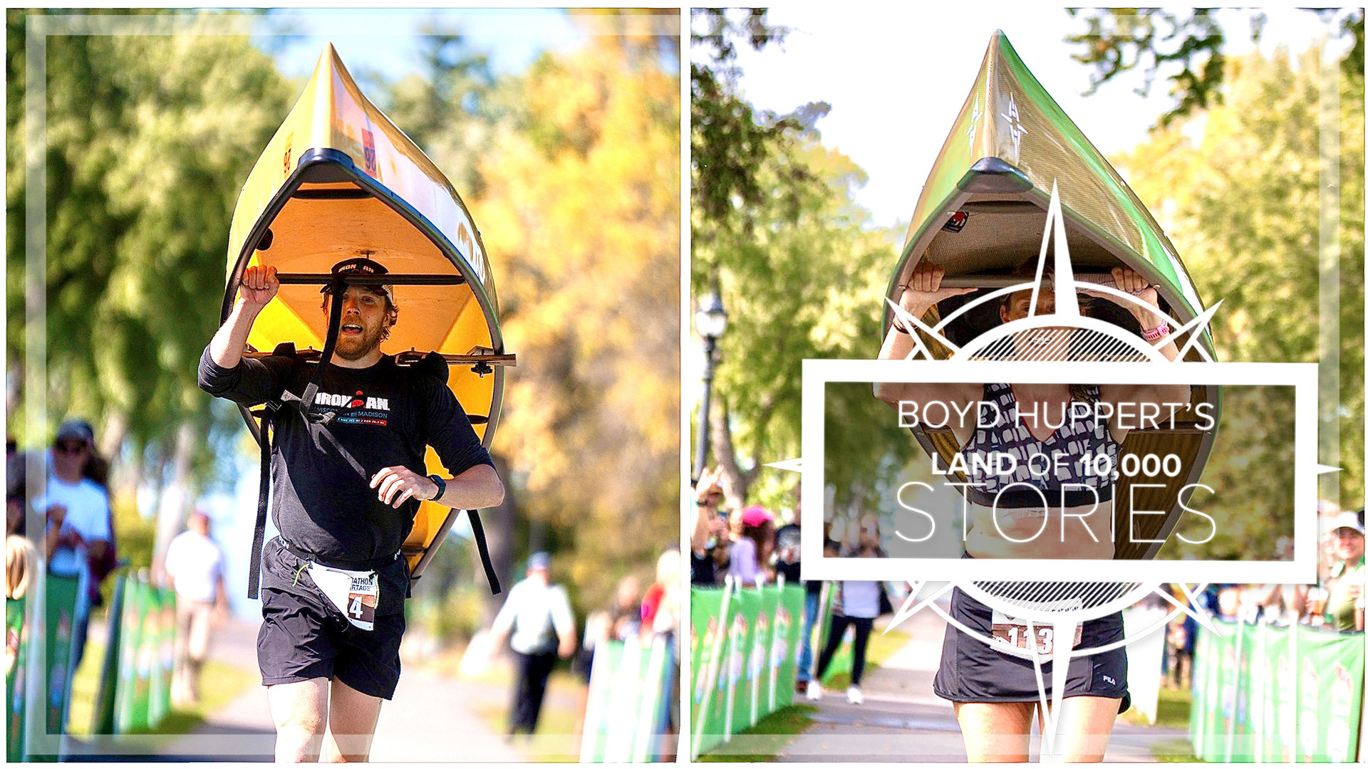 Marathoners run 26.2 miles with canoes on their shoulders.