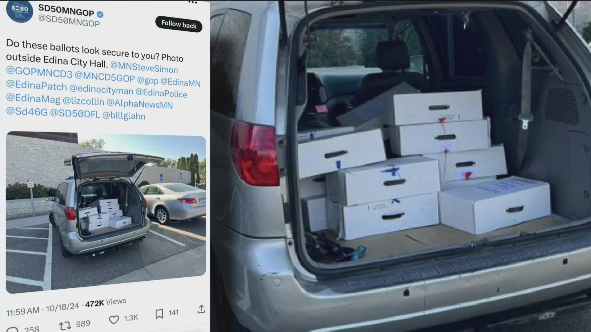 Images from Edina City Hall show an unattended van with a back filled with ballot boxes on Friday, Oct. 18.