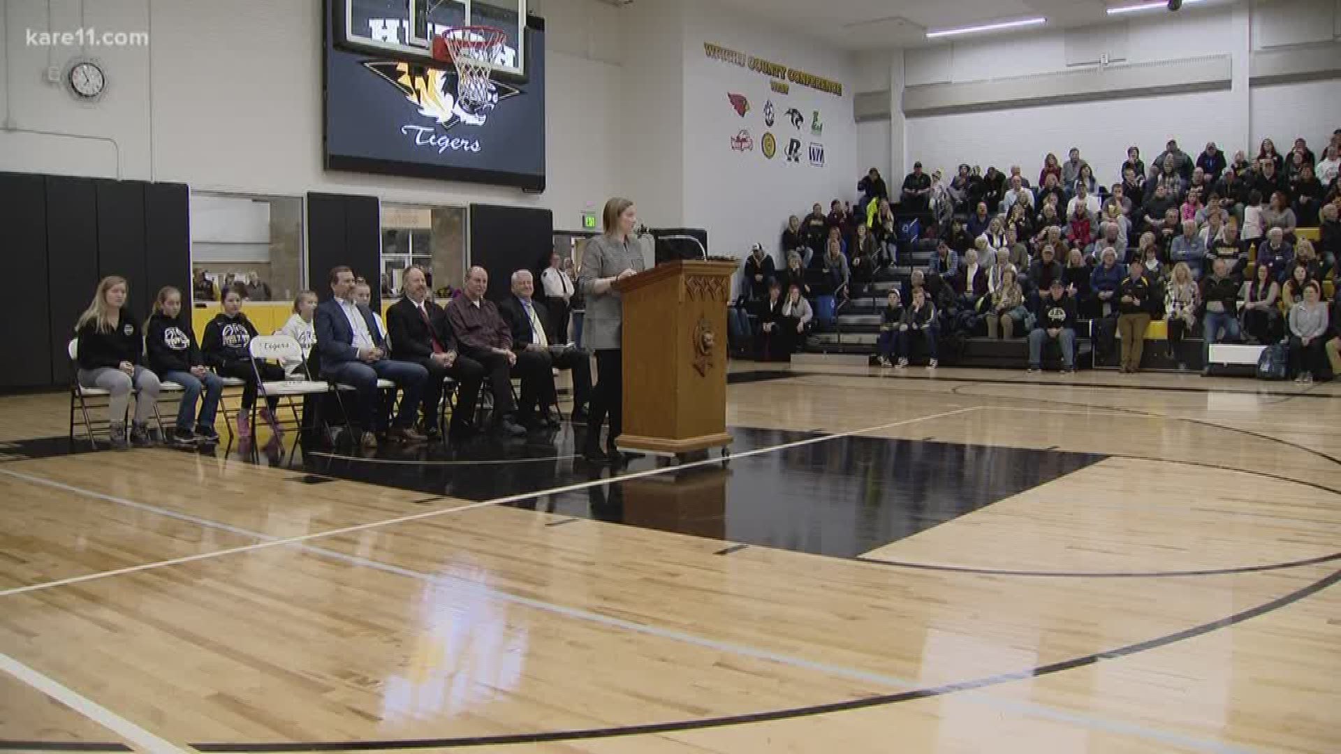 Lindsay Whalen's alma mater Hutchinson High School dedicated its gym to their hometown hero during a pre-game ceremony Tuesday night. For residents and students there, Whalen proves - "there's much in Hutch." https://kare11.tv/2RecbZj