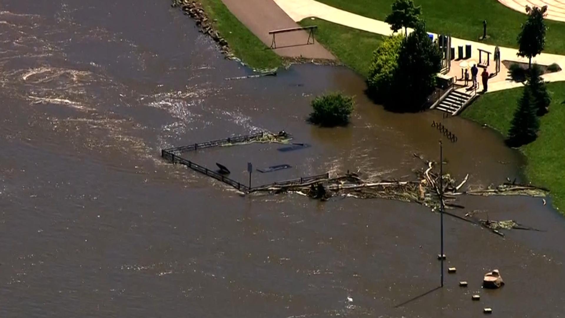 The Mississippi River still looks high around Hastings after SKY 11 flew by on Sunday morning.