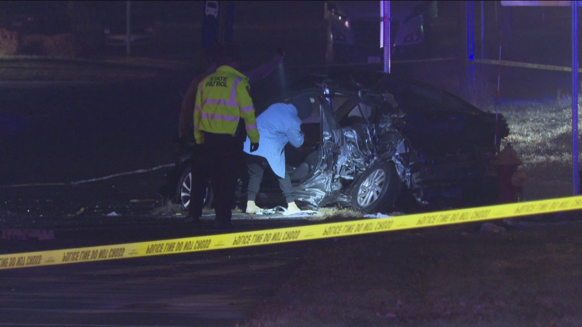 A driver, fleeing a traffic stop, crashed into a parked vehicle in a parking lot.