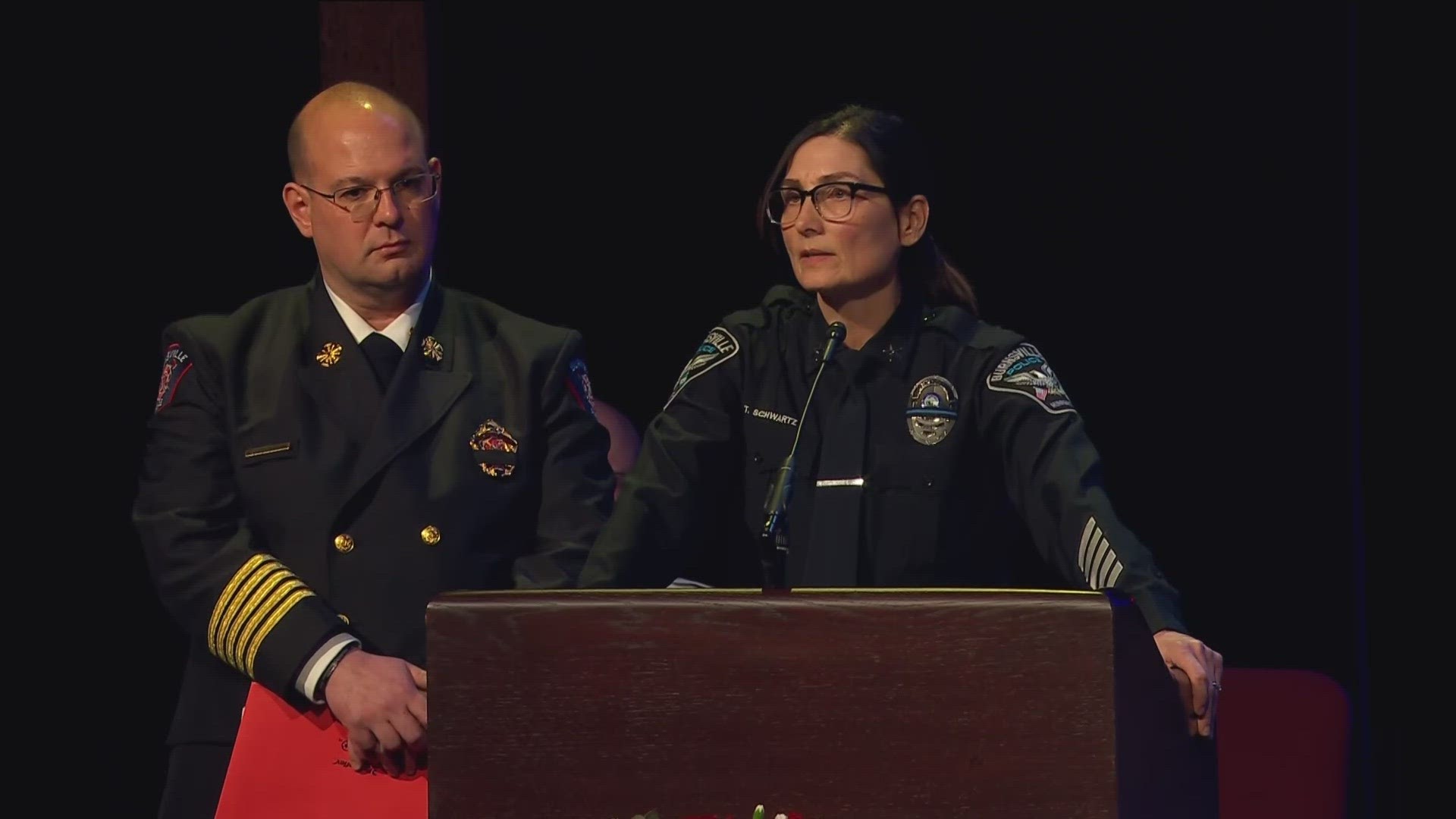 Burnsville PD Chief Tanya Schwartz and Burnsville FD Chief BJ Jungmann share their words about Paul Elmstrand, Matthew Ruge and Adam Finseth at Wednesday's memorial.