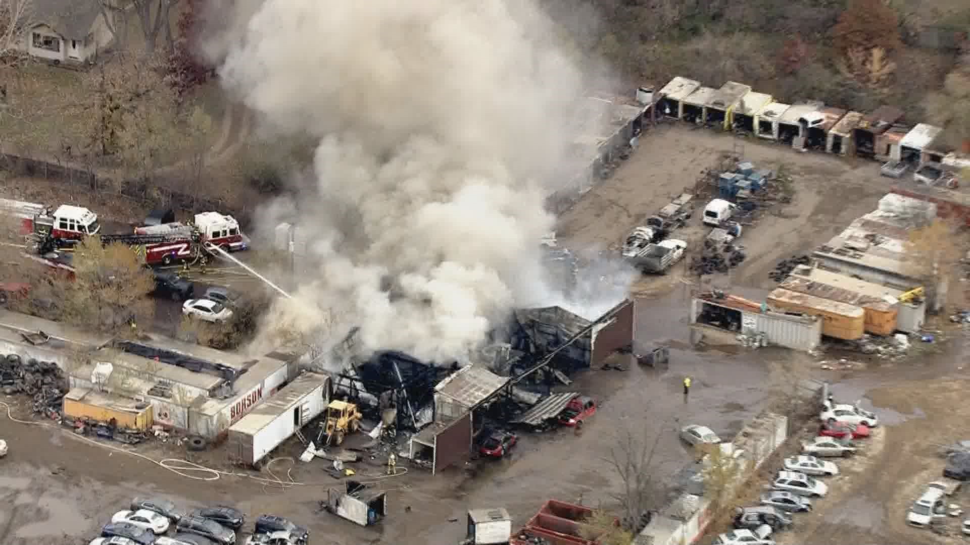 Crews spent several hours battling a fire Wednesday at an auto salvage business in Shakopee.