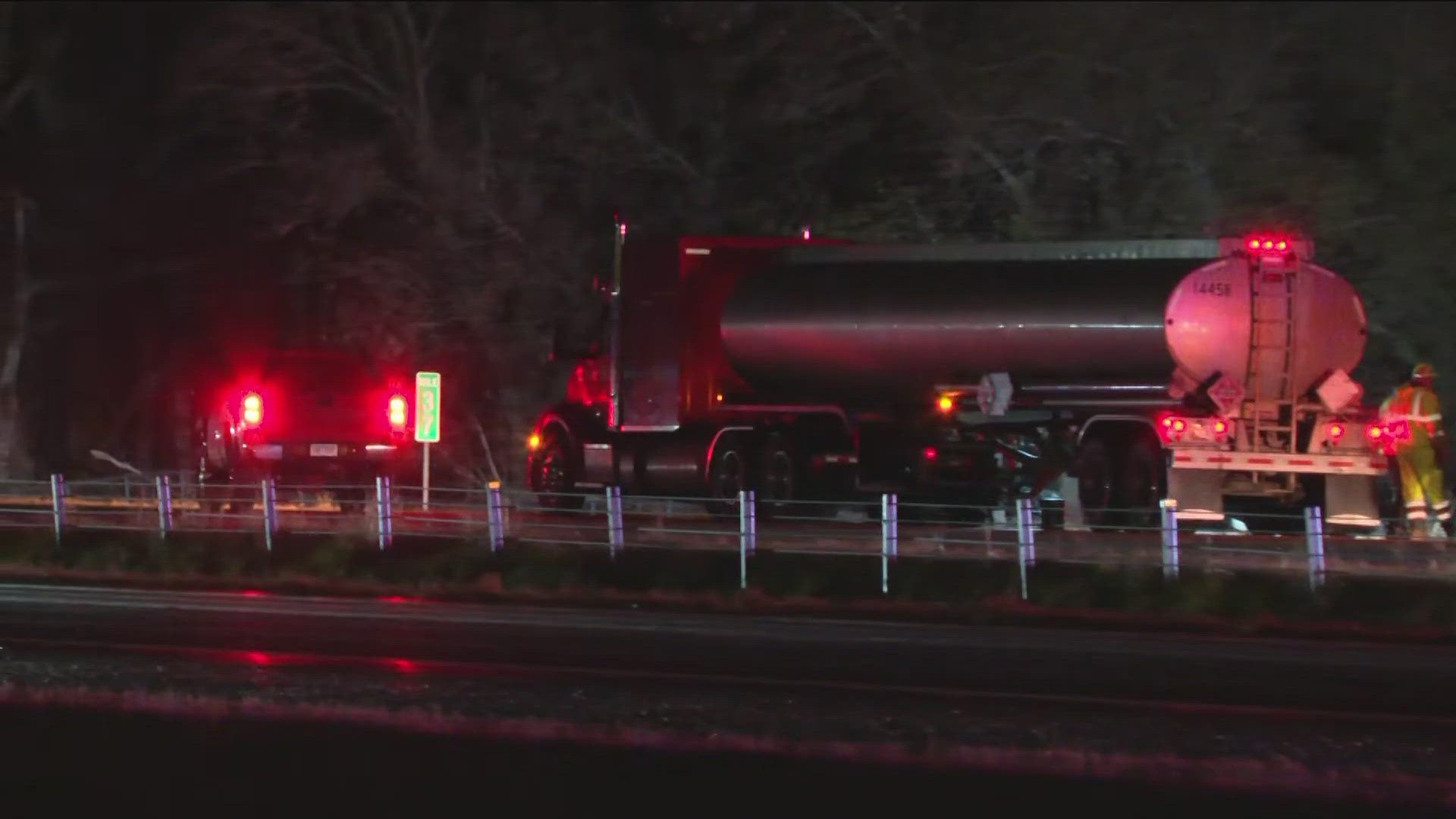 All northbound lanes of I-35W at Lake Drive in Lino Lakes are closed Friday morning after a semi hauling fuel overturned, spilling hazardous liquid.