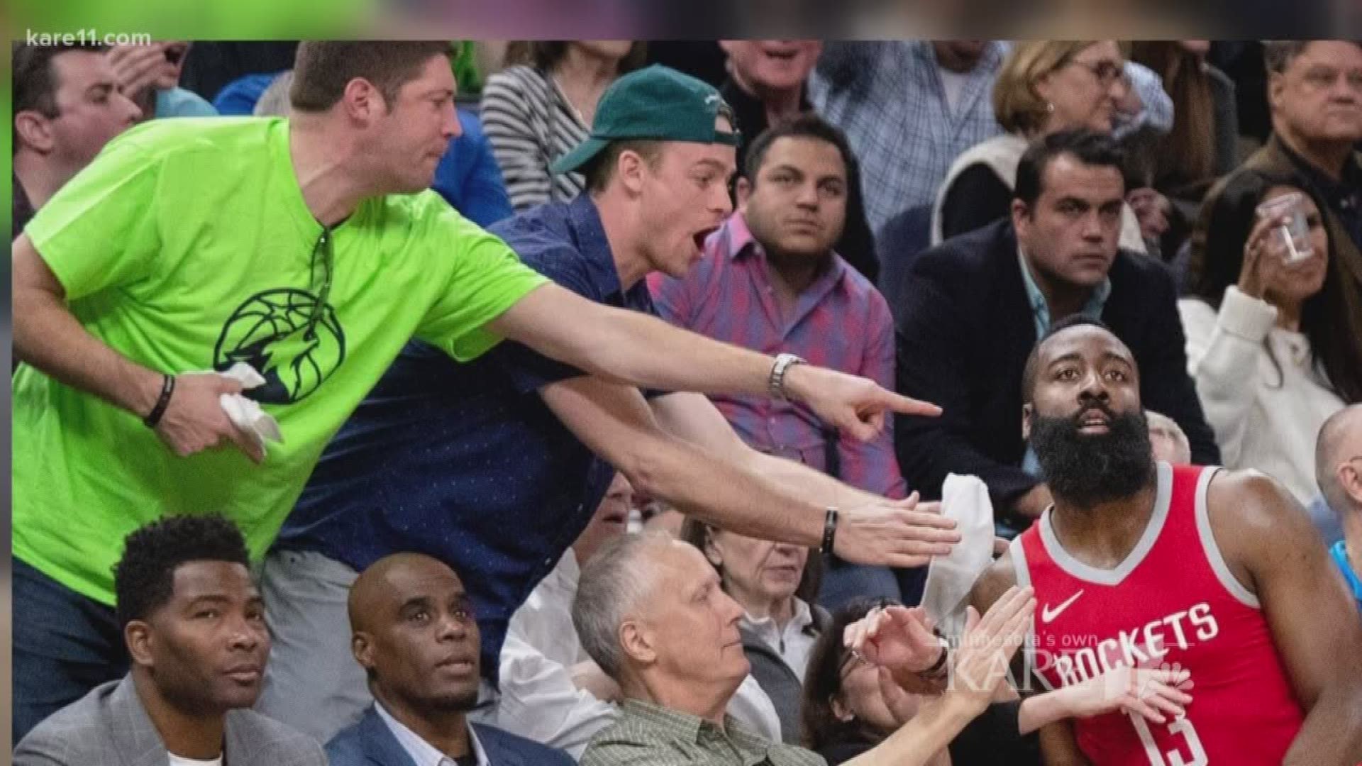 Twitter is having a blast of a photo of James Harden falling out of bounds against the Timberwolves, snapped by Star Tribune photographer Carlos Gonzalez. https://kare11.tv/2HH0ZTB