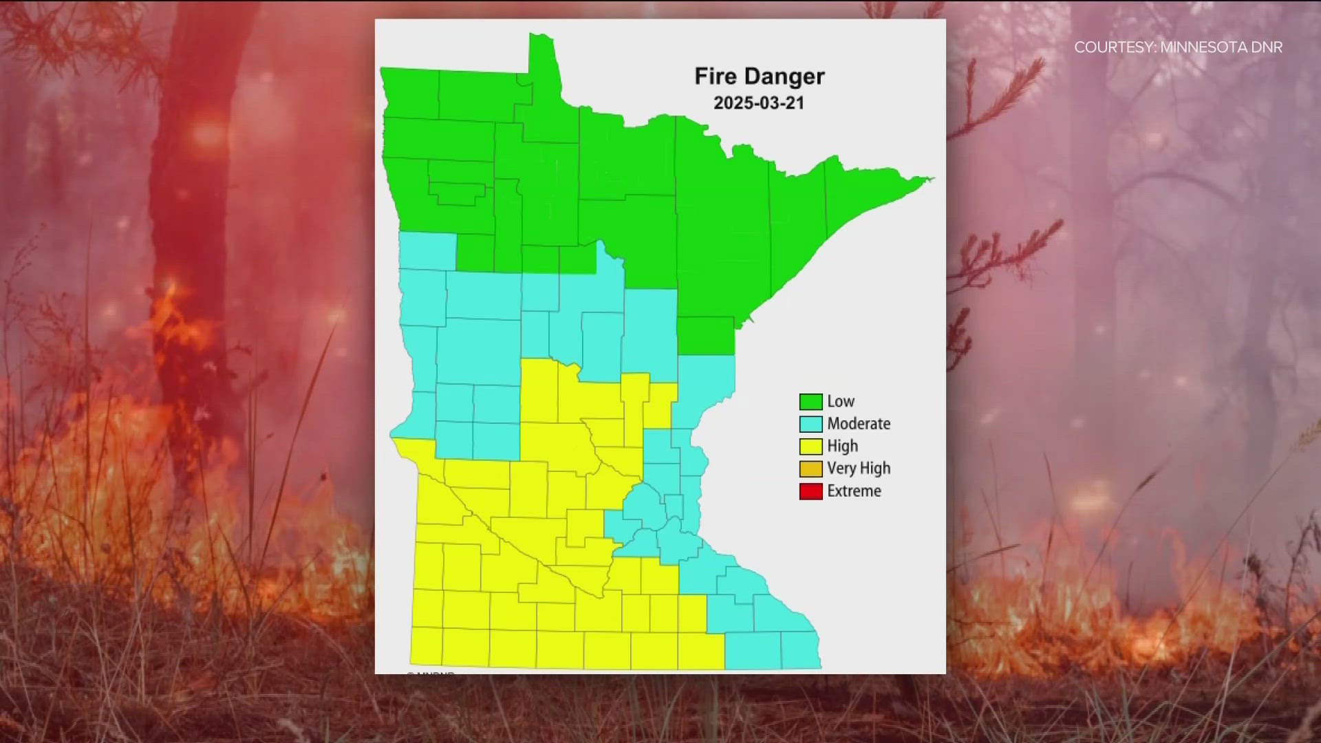 A DNR map reflects the rising wildfire danger across Minnesota, a rite of spring that triggers burning restrictions and warnings for residents. 
