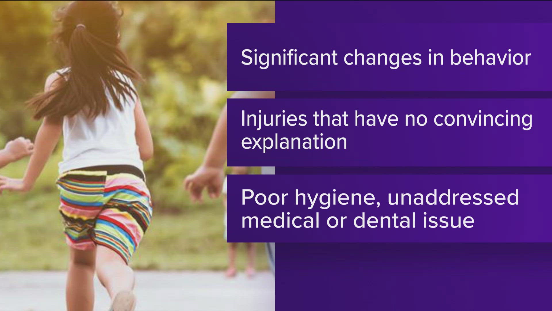 Some of the signs of child abuse are aggression, withdrawal, sleeplessness, poor hygiene and hoarding food.