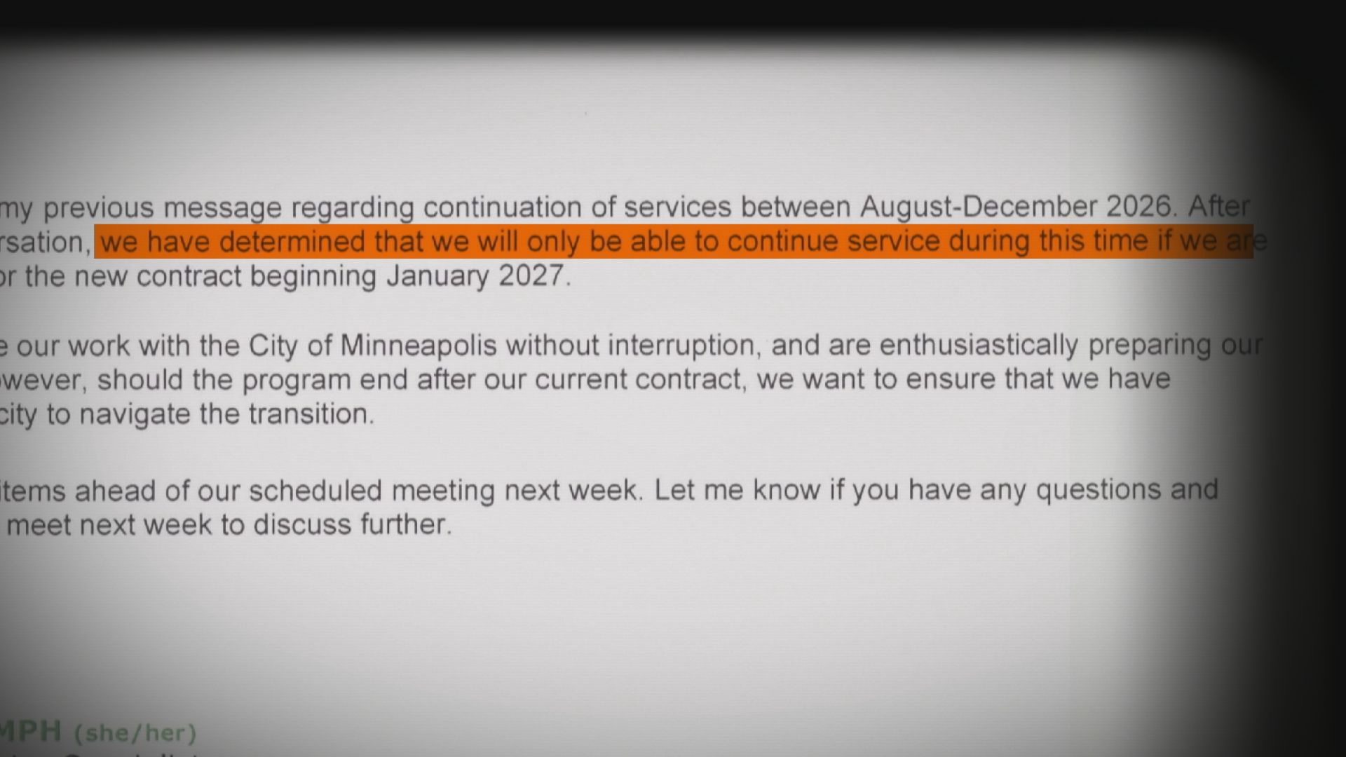In email, Minneapolis' Behavioral Crisis Response vendor stipulated continuation of services in 2026 on receiving 2027 contract